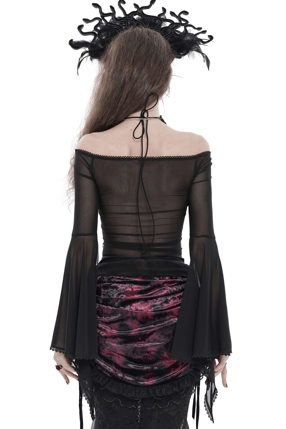 Sheer Off-Shoulder Ruffled Mesh Top with Bell Sleeves