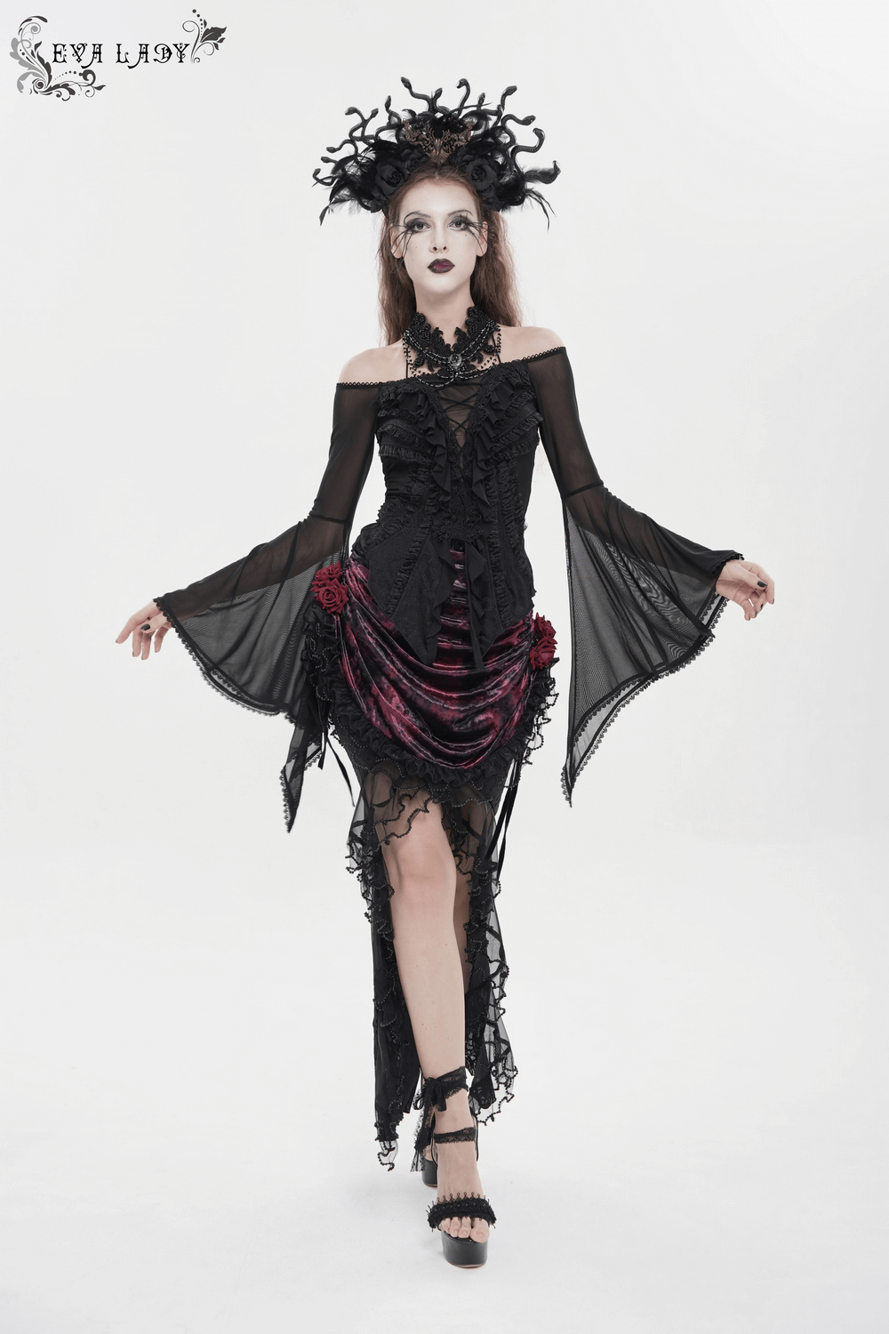 Sheer Off-Shoulder Ruffled Mesh Top with Bell Sleeves