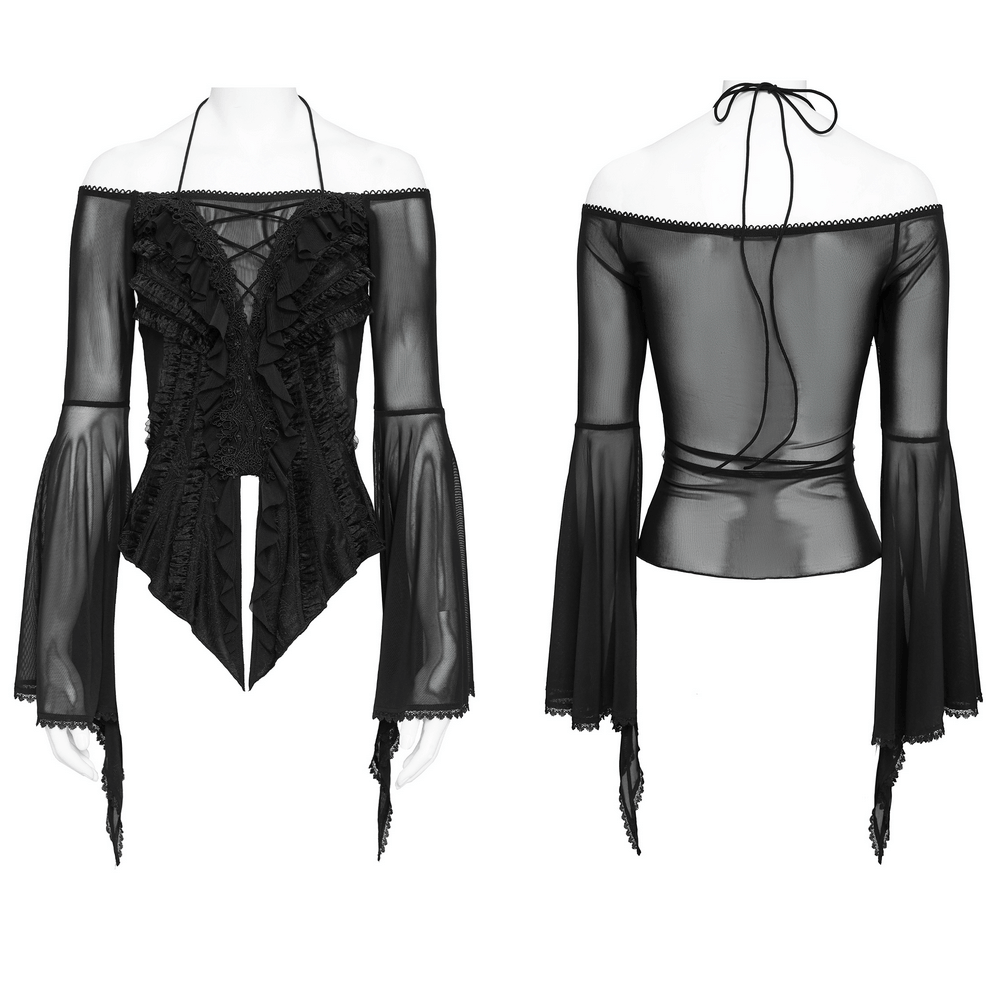 Sheer Off-Shoulder Ruffled Mesh Top with Bell Sleeves