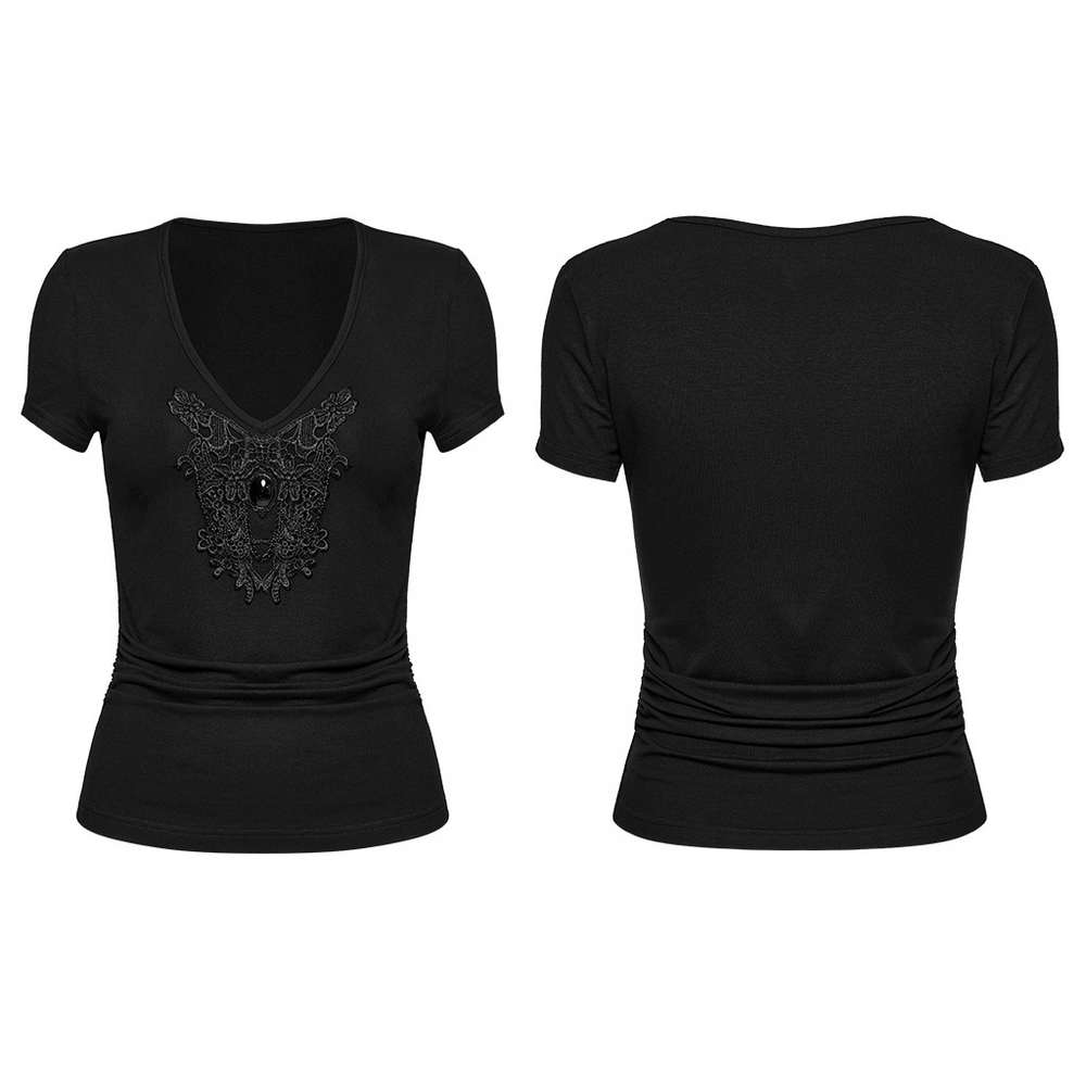 Skull and Lace Black V-Neck Elastic T-Shirt for Women
