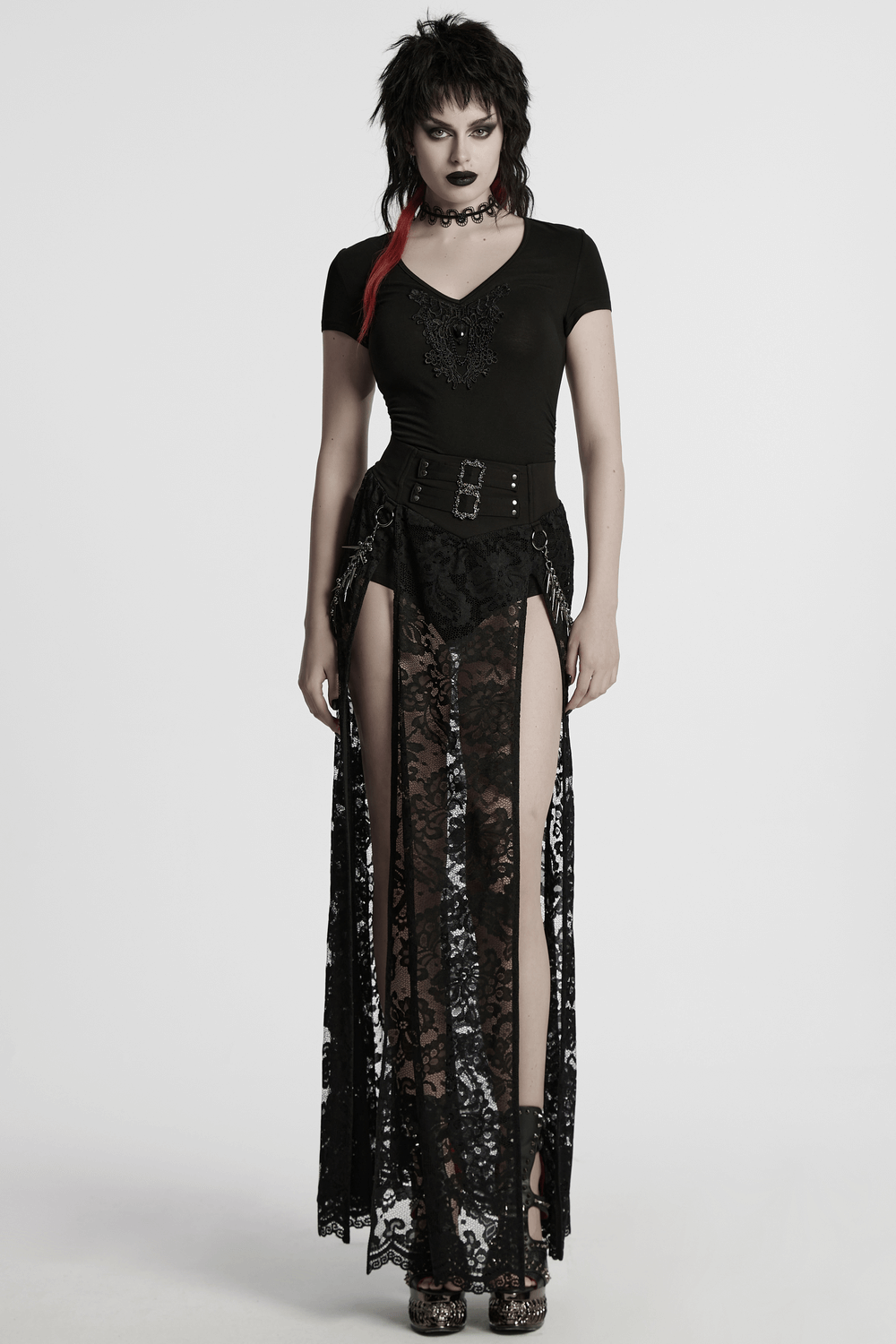 Skull and Lace Black V-Neck Elastic T-Shirt for Women