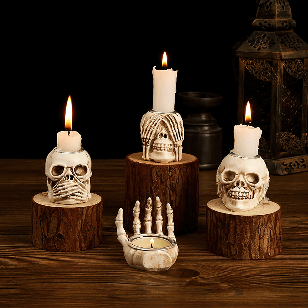Skull Candle Holders Set with Skeleton Hand Design
