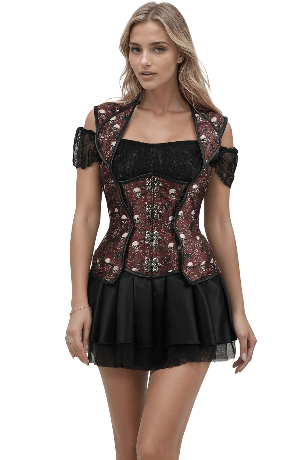 Skull Corset with Lapel Halter in Red and Black Gothic Style