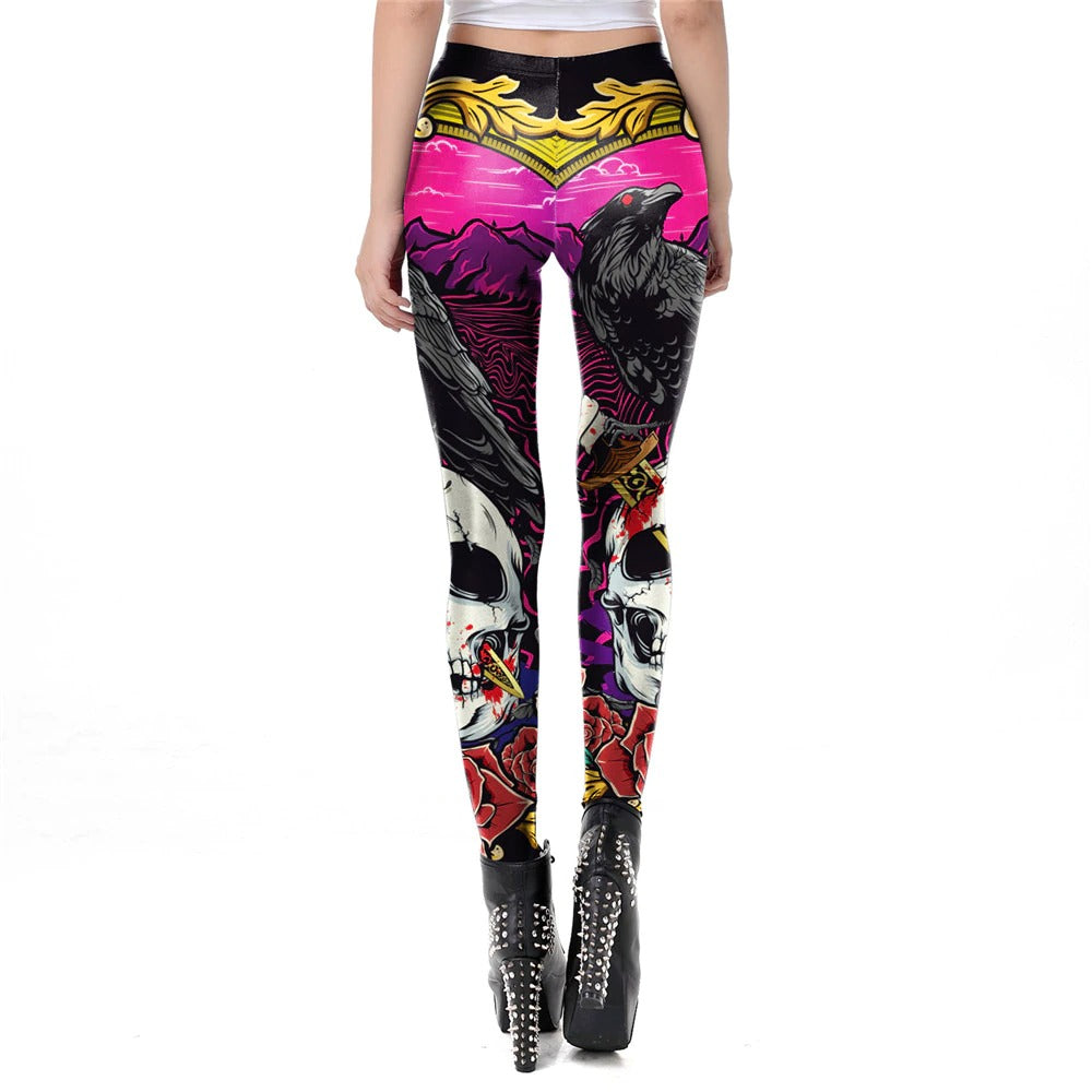 Skull Head Print Leggings for Halloween / Women Carnival Ghost Pattern Pants in Gothic Style #7