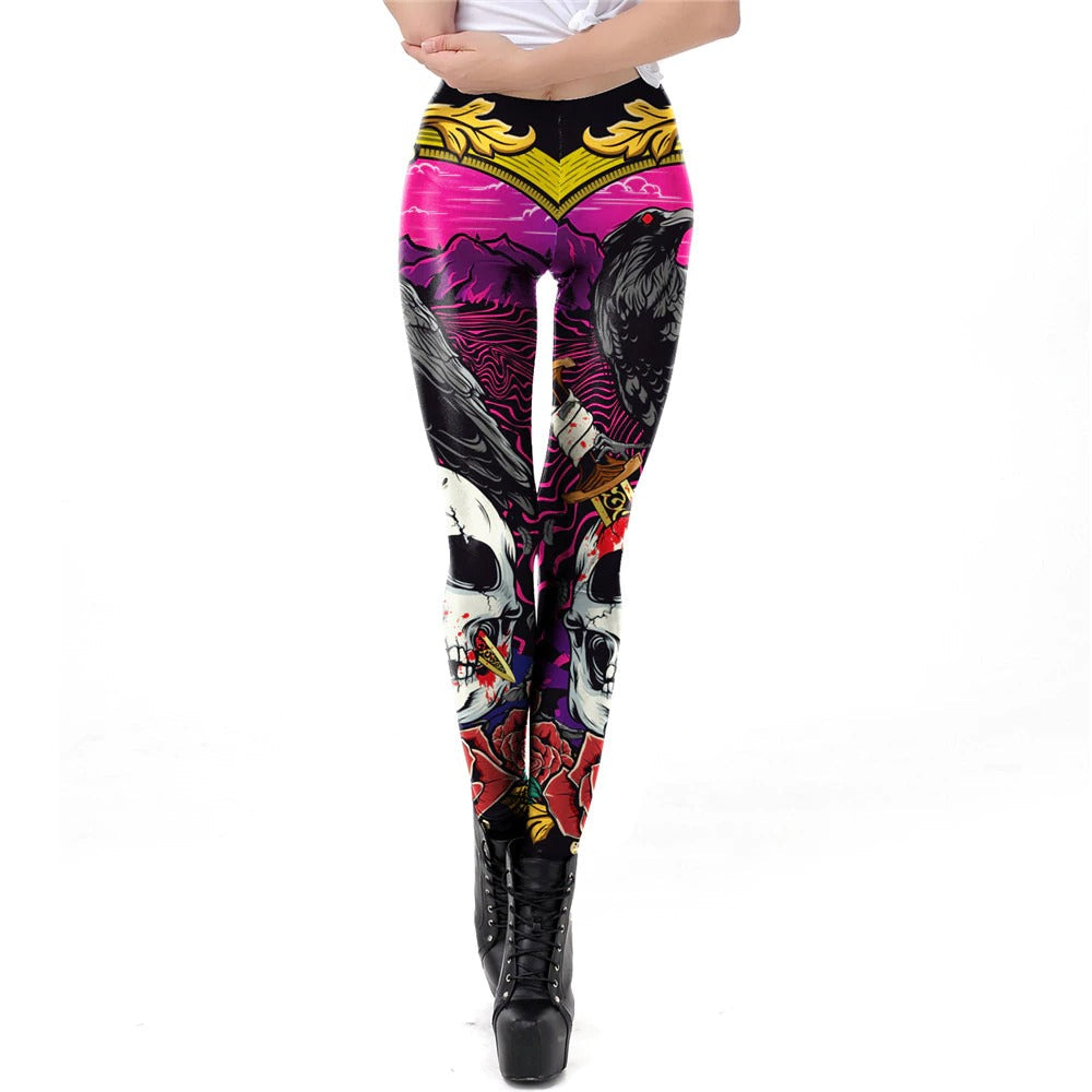 Skull Head Print Leggings for Halloween / Women Carnival Ghost Pattern Pants in Gothic Style #7
