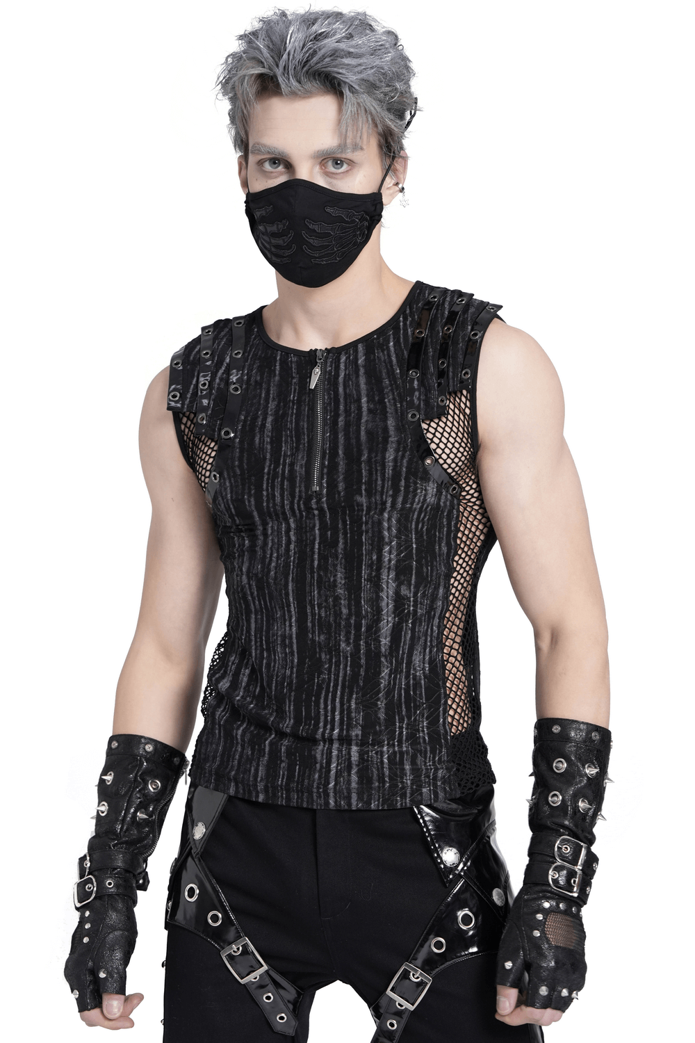 Sleeveless Gothic Top with Mesh Sides and Buckle Straps