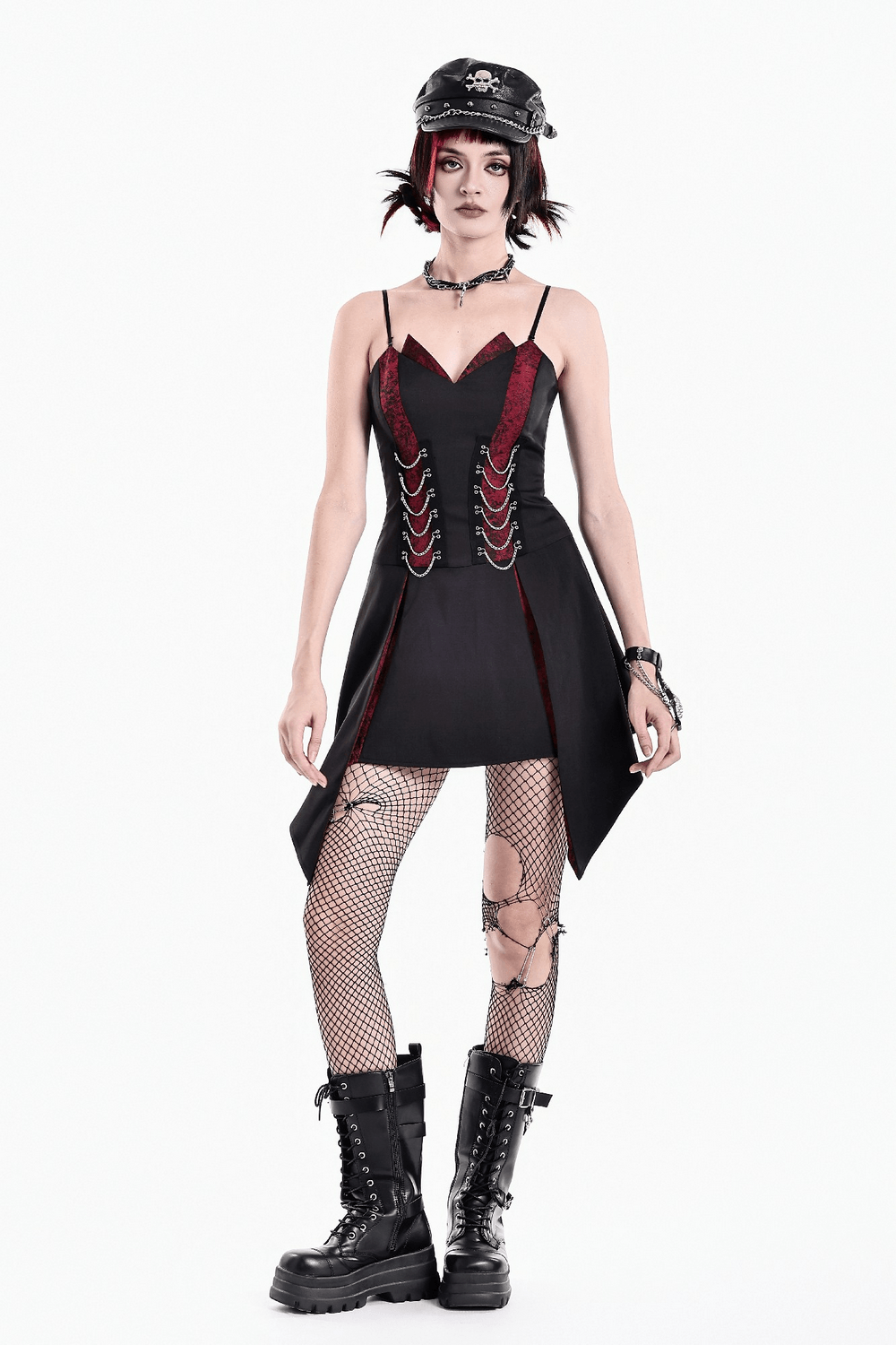 Spaghetti Strap Dress with Wine Red Brocade Panels