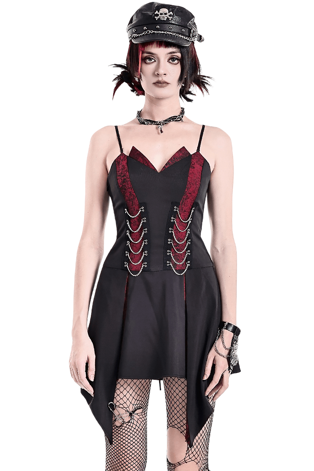 Spaghetti Strap Dress with Wine Red Brocade Panels