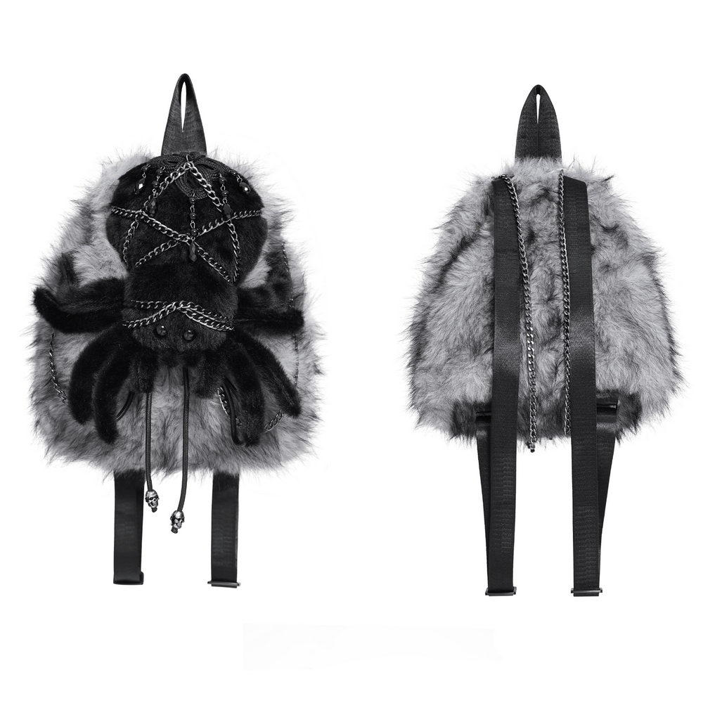 Spider Backpack with Faux Fur and Metal Chain Details