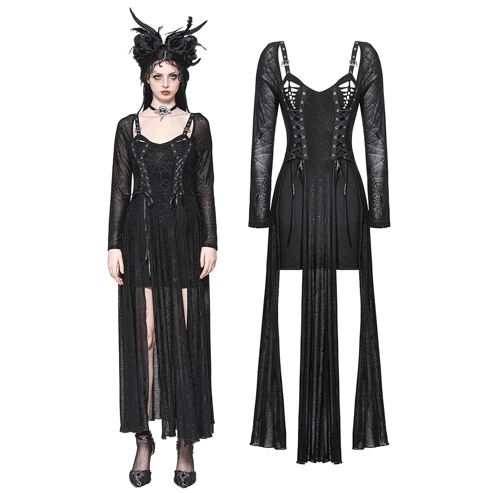 Spiderweb Lace-Up Dress with Sheer Sleeves and Straps