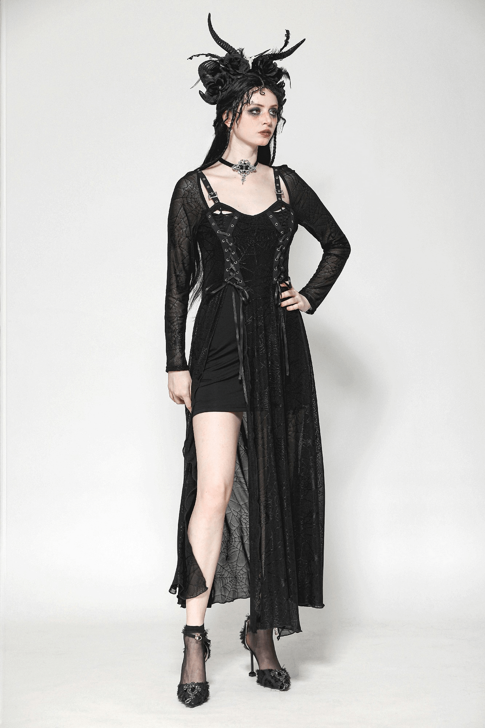 Spiderweb Lace-Up Dress with Sheer Sleeves and Straps