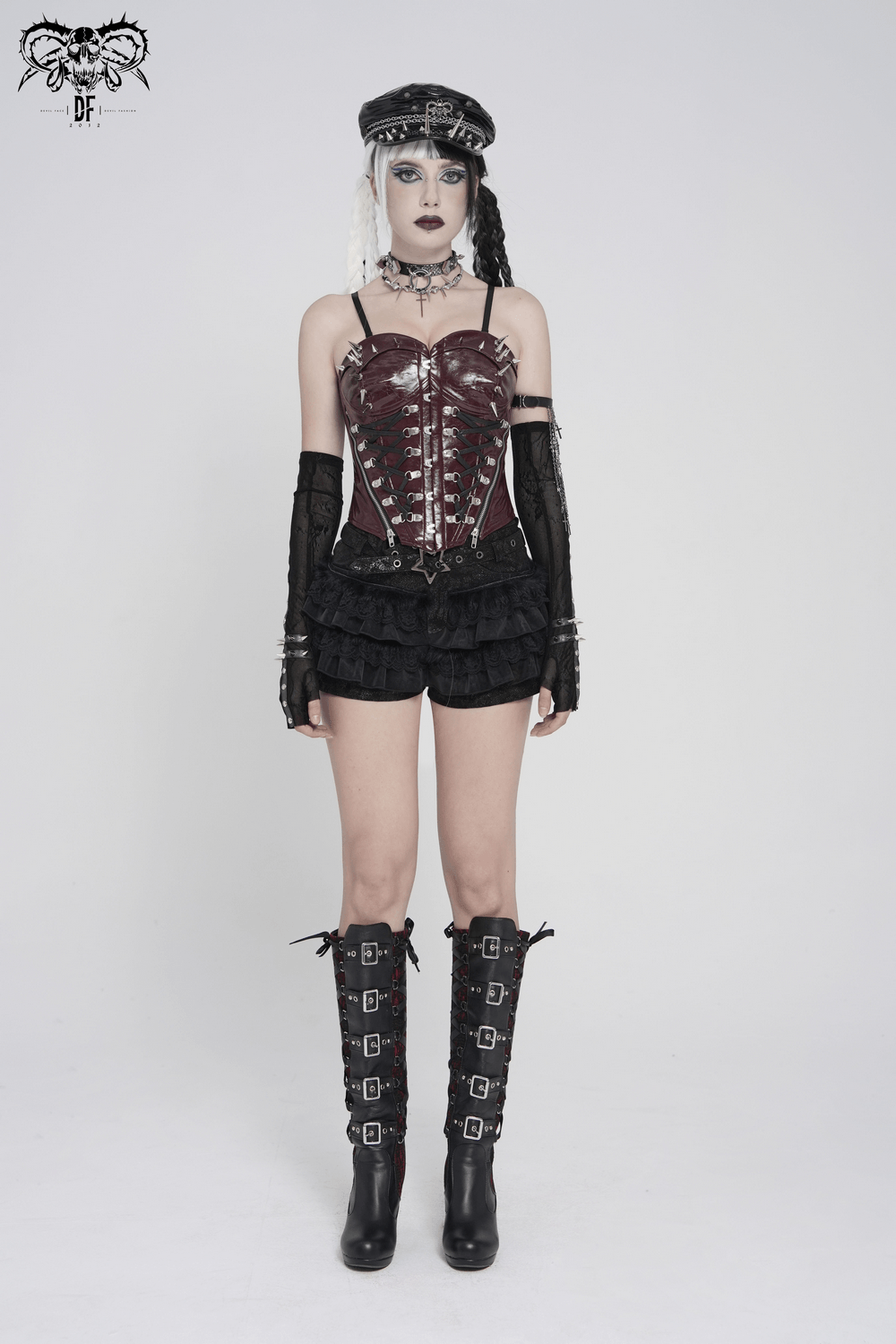 Spiked Burgundy Faux Leather Gothic Corset Top with Zips