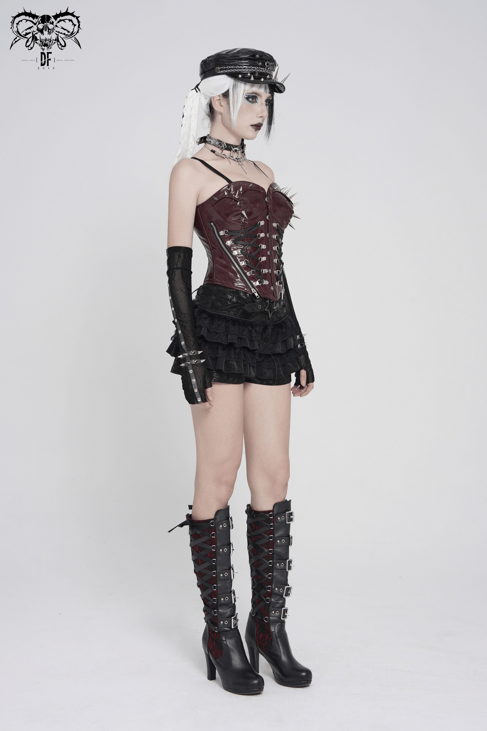 Spiked Burgundy Faux Leather Gothic Corset Top with Zips