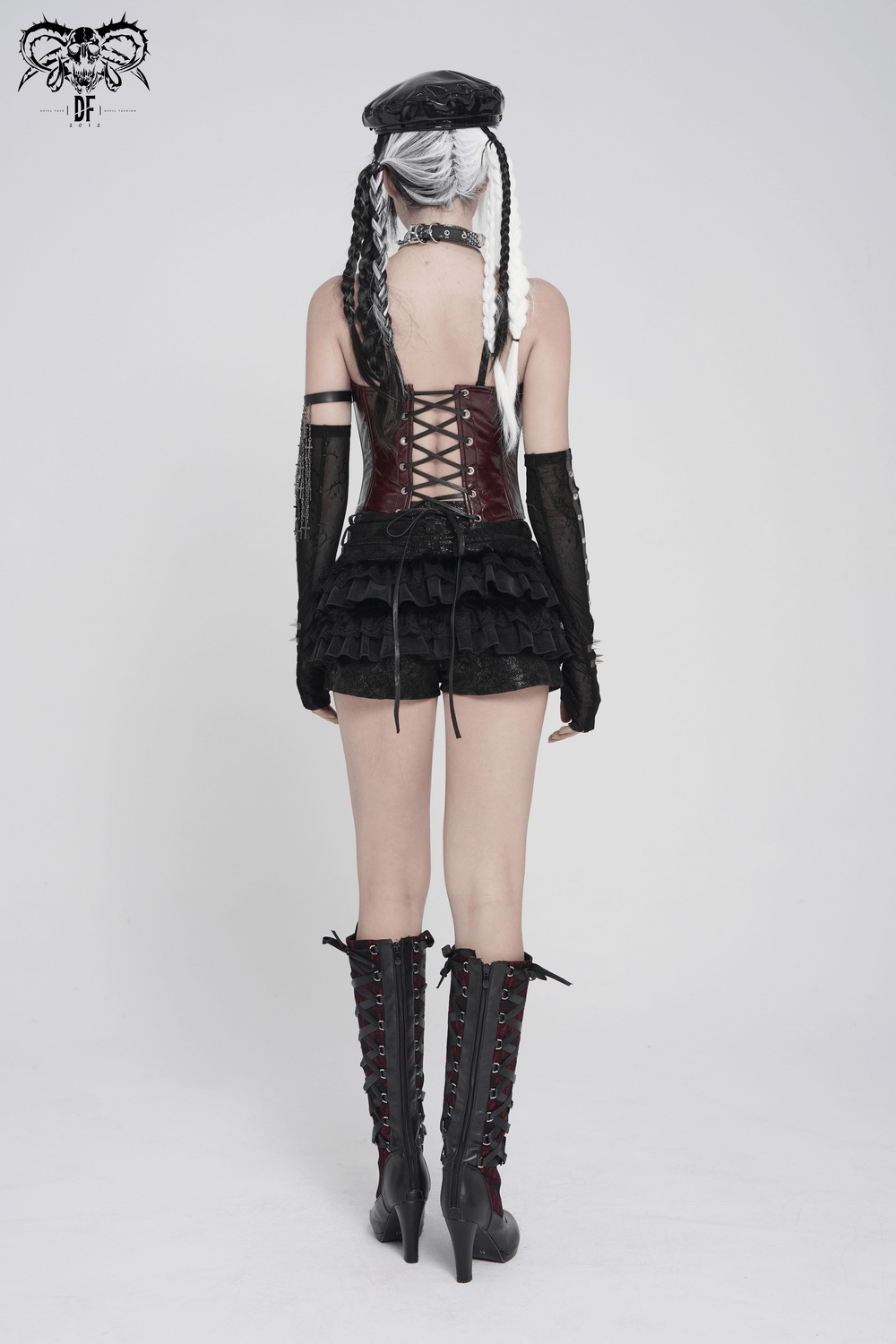 Spiked Burgundy Faux Leather Gothic Corset Top with Zips