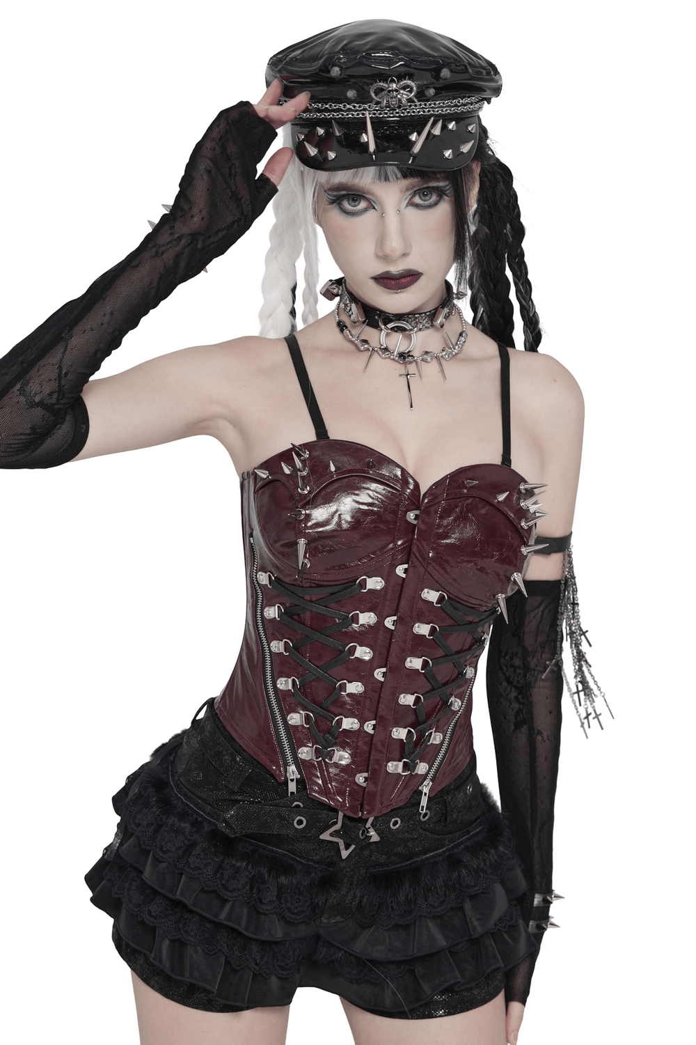 Spiked Burgundy Faux Leather Gothic Corset Top with Zips