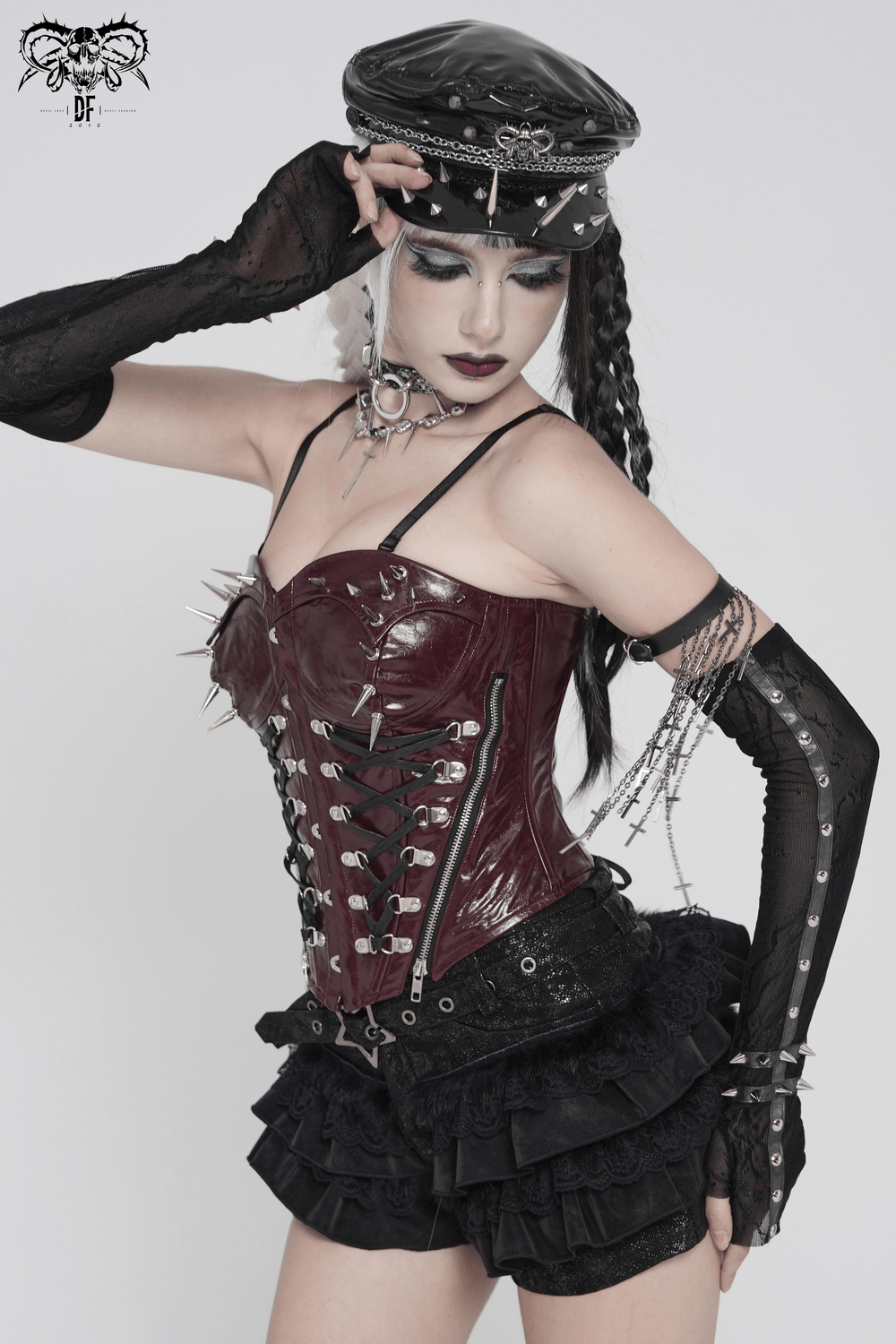 Spiked Burgundy Faux Leather Gothic Corset Top with Zips