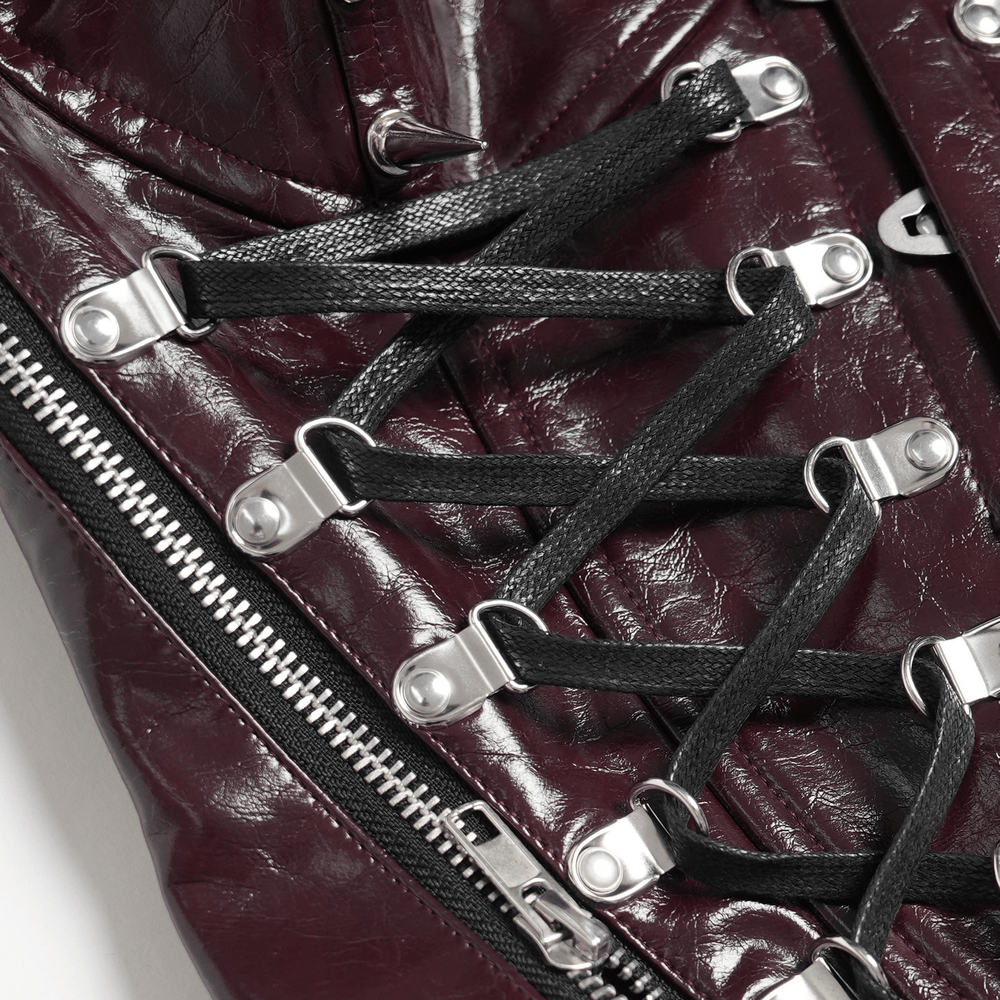 Spiked Burgundy Faux Leather Gothic Corset Top with Zips
