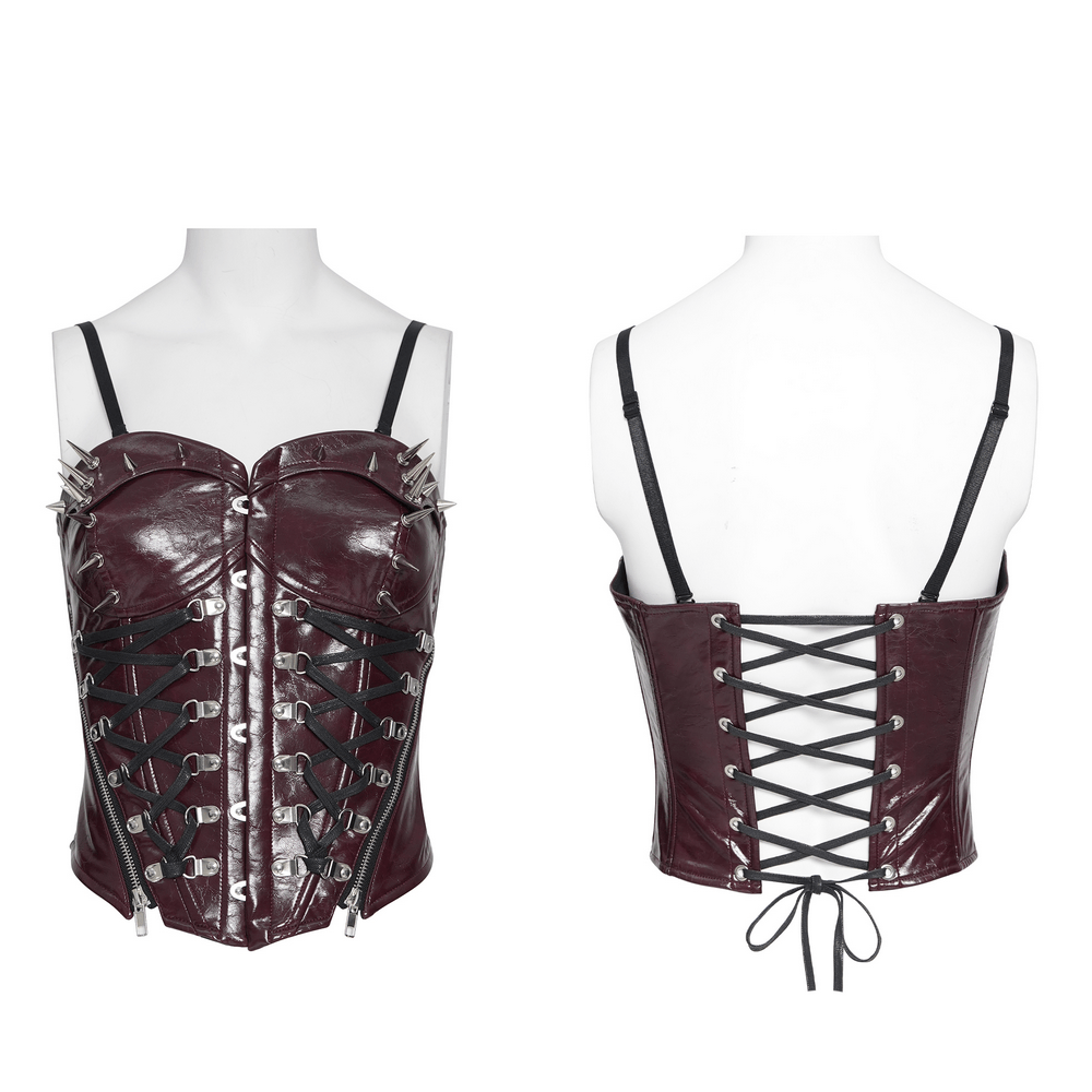 Spiked Burgundy Faux Leather Gothic Corset Top with Zips
