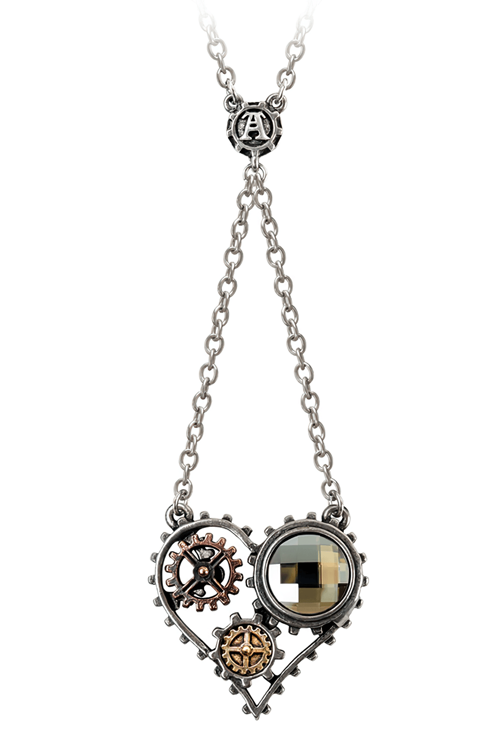 Steampunk Heart Pendant with Gears and Crystal Accent