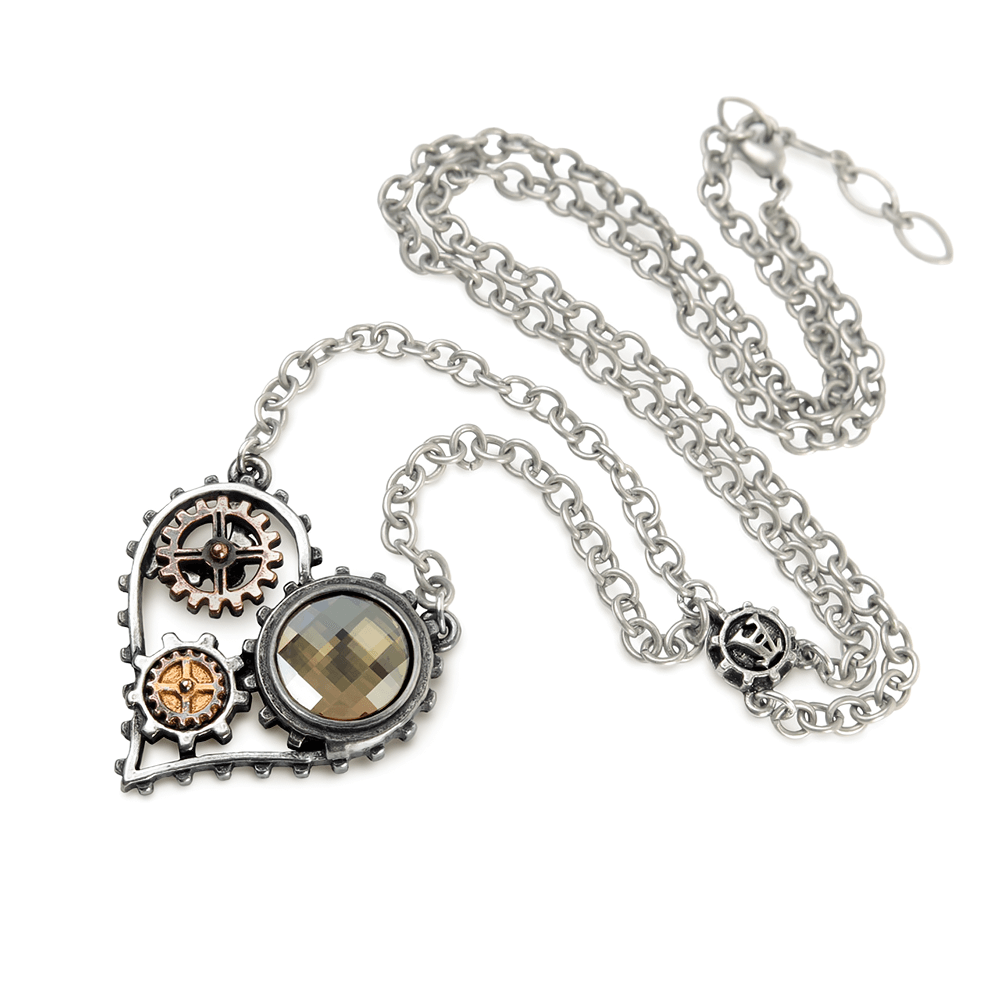 Steampunk Heart Pendant with Gears and Crystal Accent