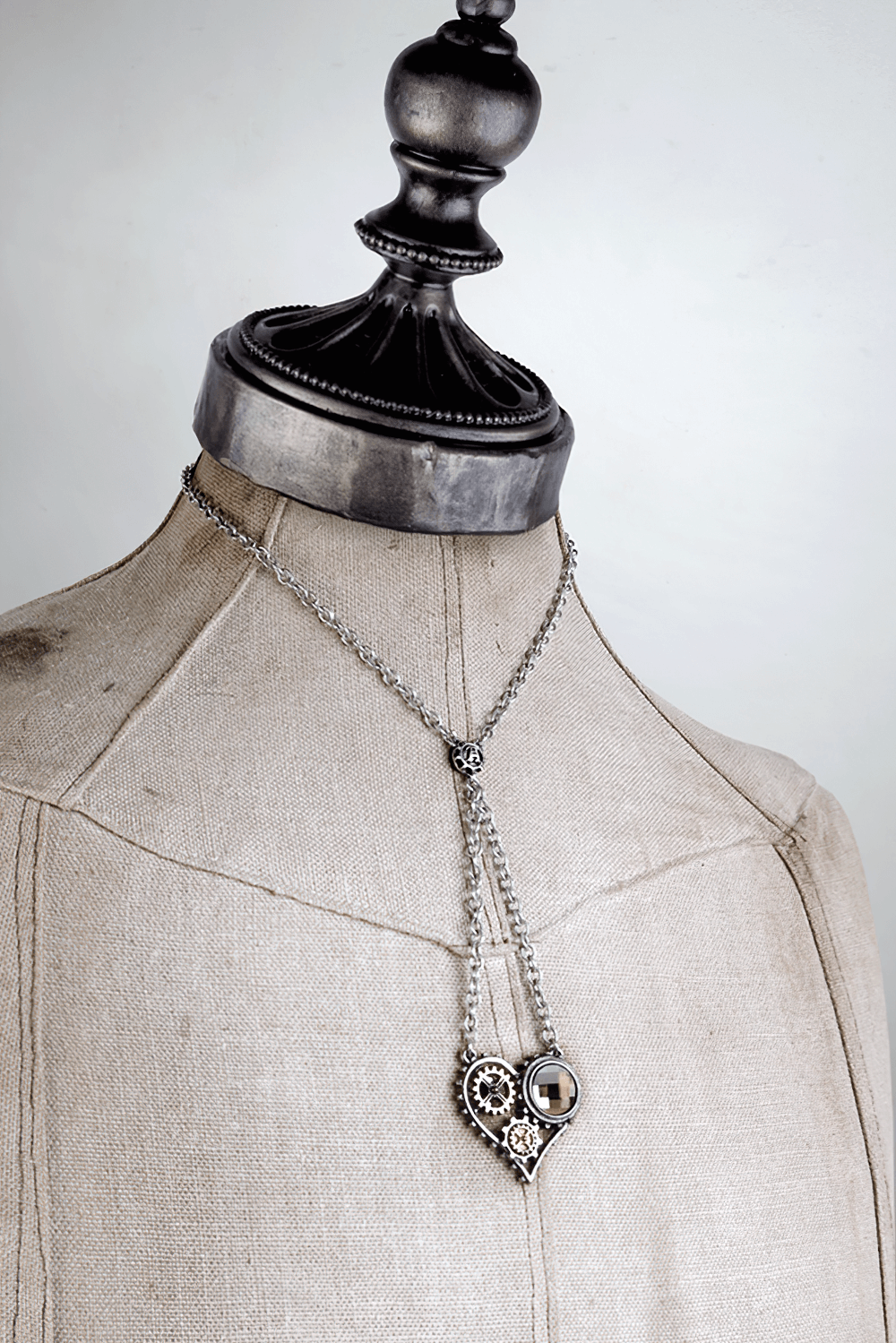 Steampunk Heart Pendant with Gears and Crystal Accent