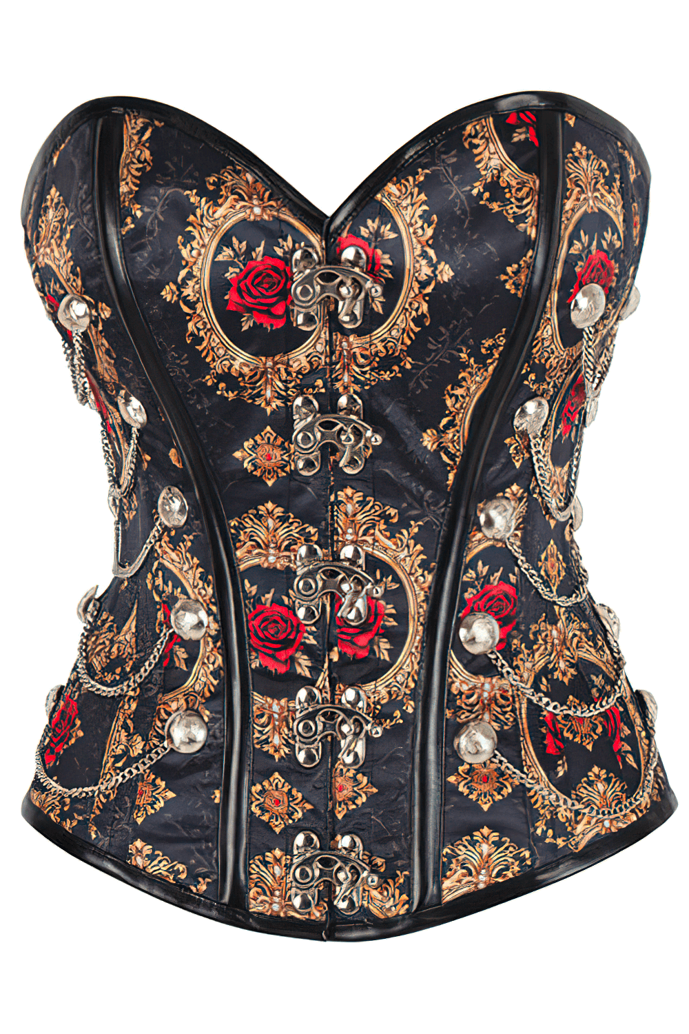 Steampunk Overbust Corset with Red Roses and Gold Chains