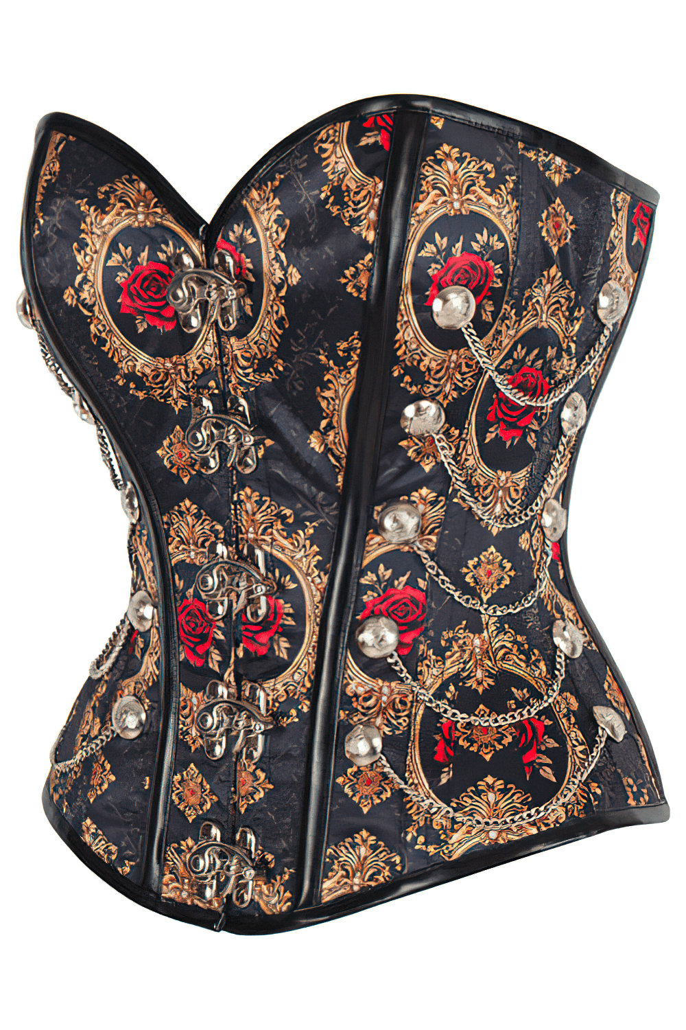 Steampunk Overbust Corset with Red Roses and Gold Chains
