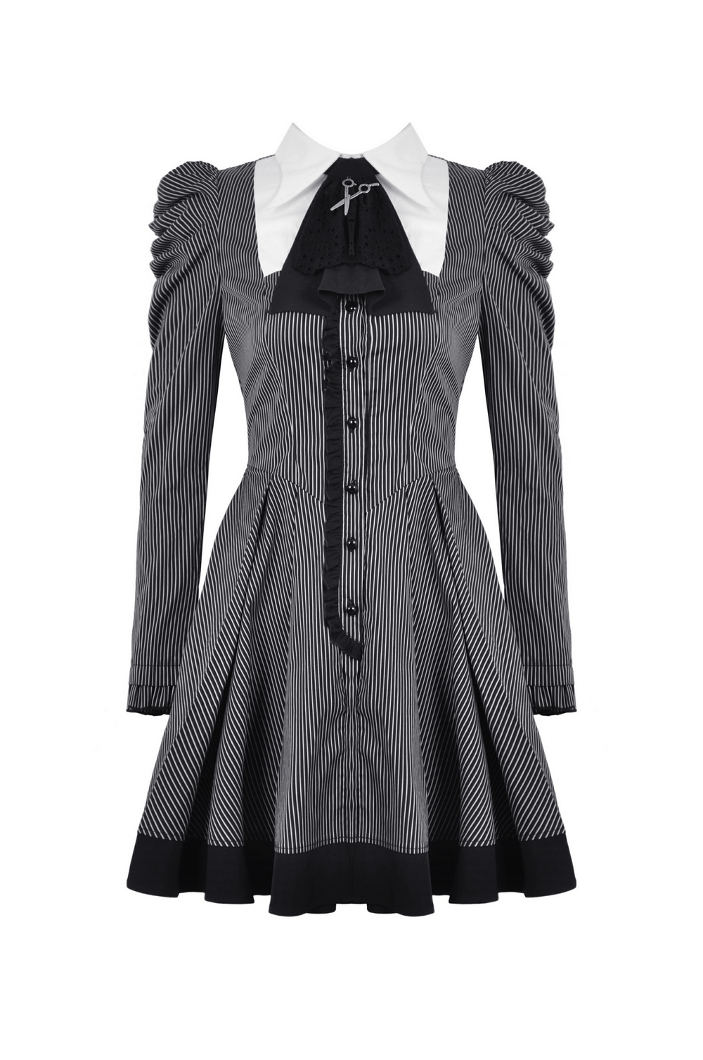 Steampunk Striped Dress with Ruffled Sleeves and Bow