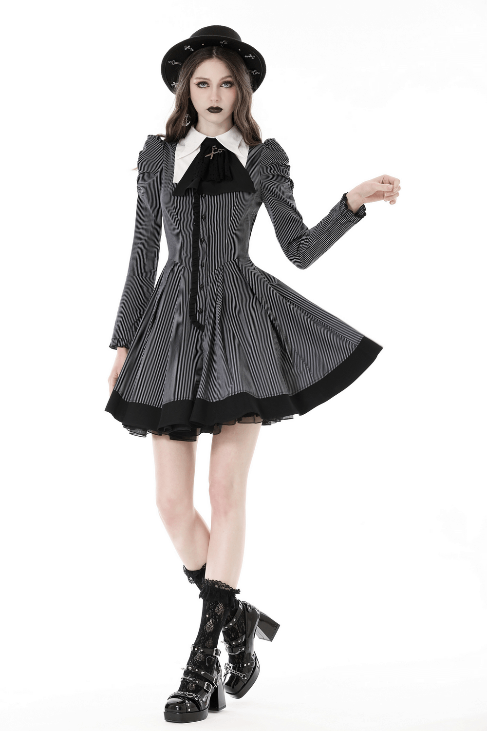Steampunk Striped Dress with Ruffled Sleeves and Bow