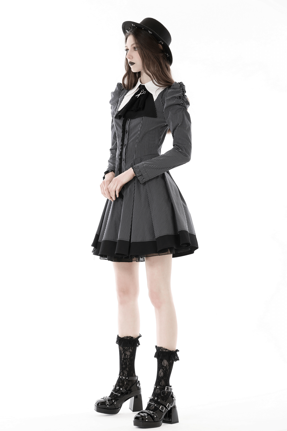 Steampunk Striped Dress with Ruffled Sleeves and Bow