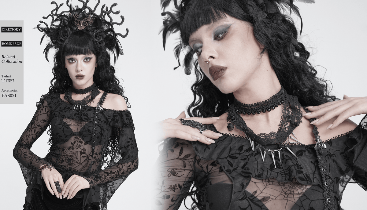 Striking Lace Choker Necklace with Spikes and Cross Charms