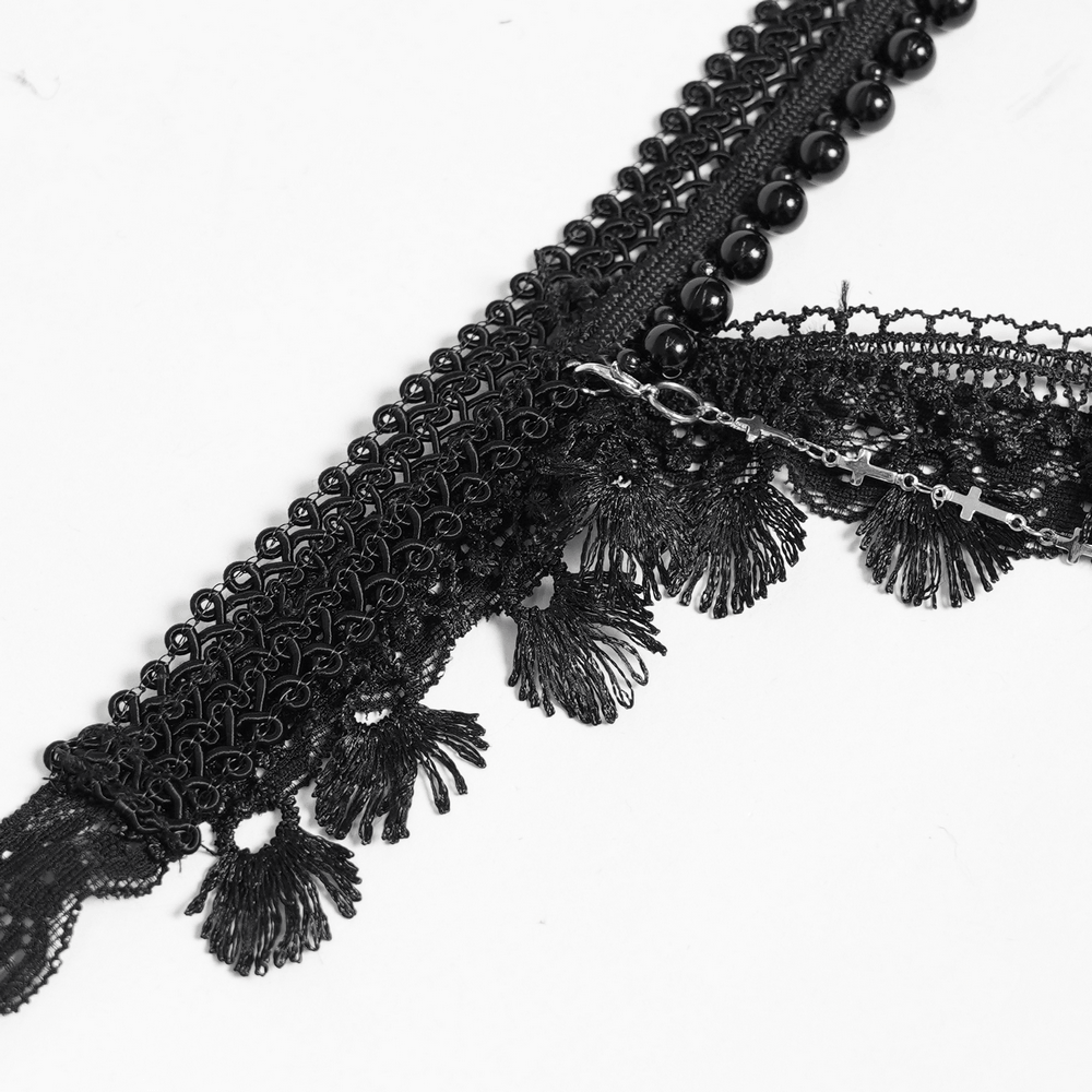 Striking Lace Choker Necklace with Spikes and Cross Charms