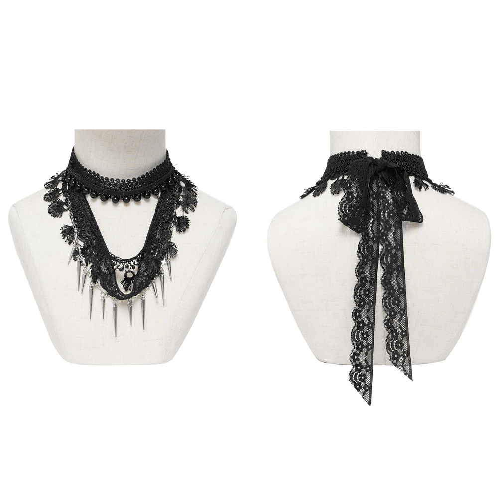 Striking Lace Choker Necklace with Spikes and Cross Charms
