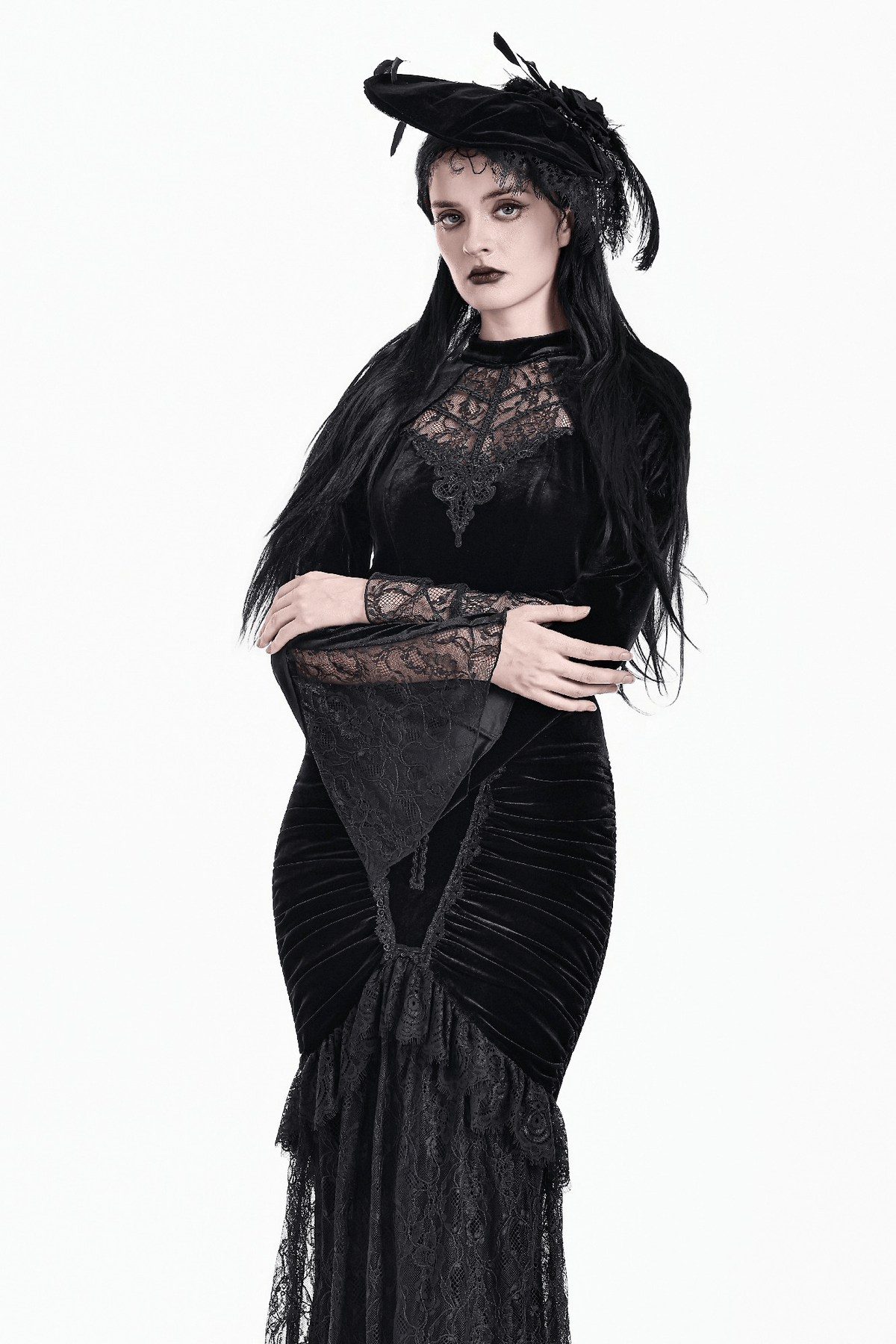 Striking Lace Flare Sleeved Velvet Top for Women
