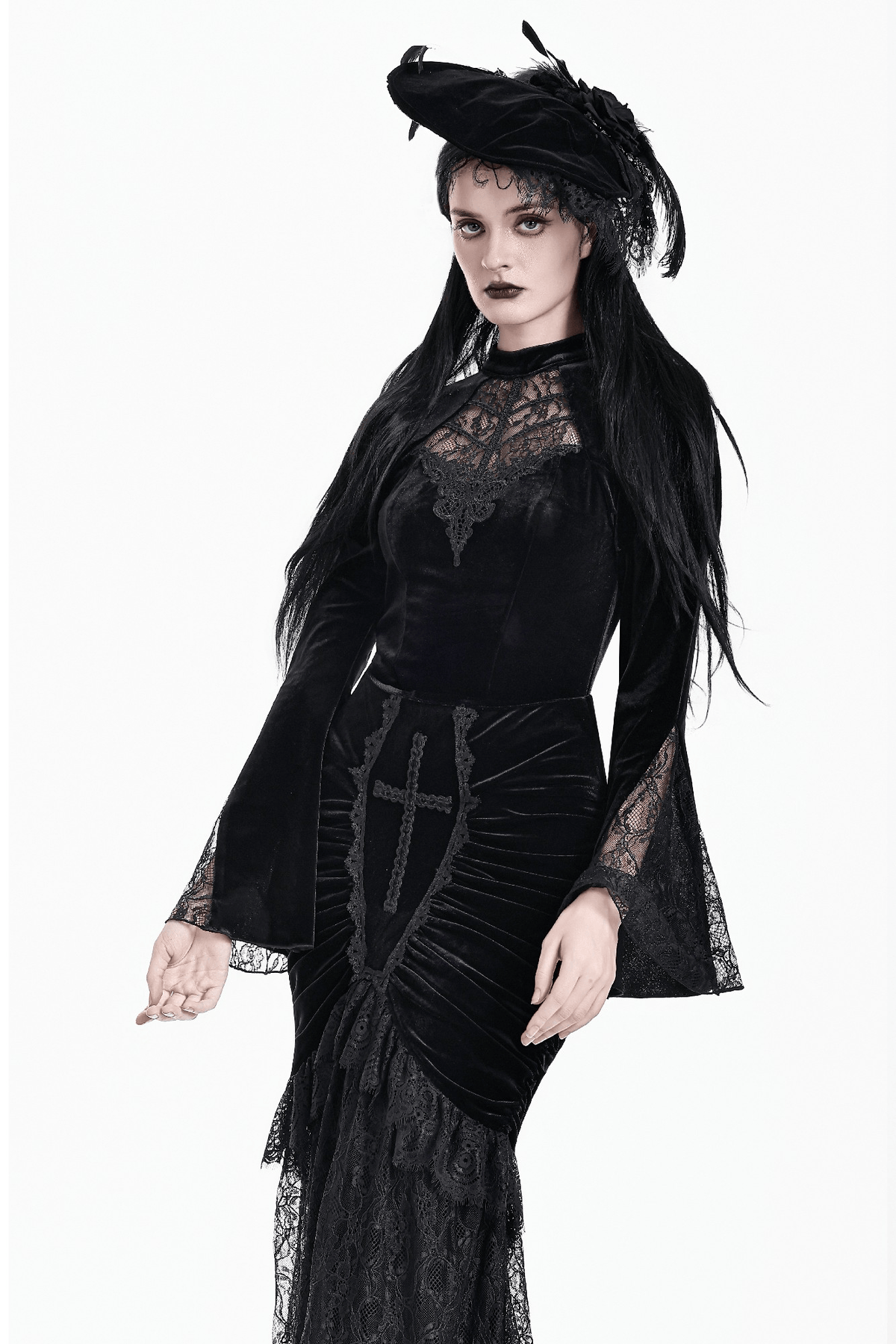 Striking Lace Flare Sleeved Velvet Top for Women