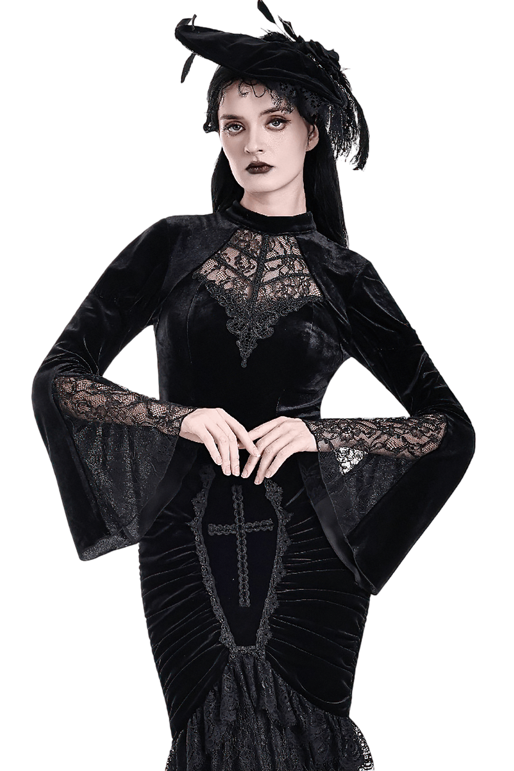 Striking Lace Flare Sleeved Velvet Top for Women