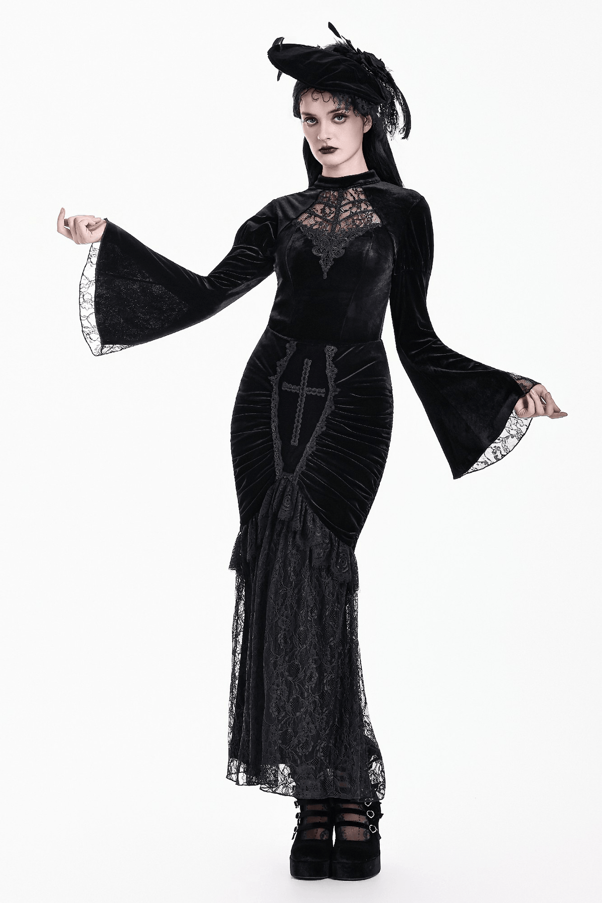 Striking Lace Flare Sleeved Velvet Top for Women
