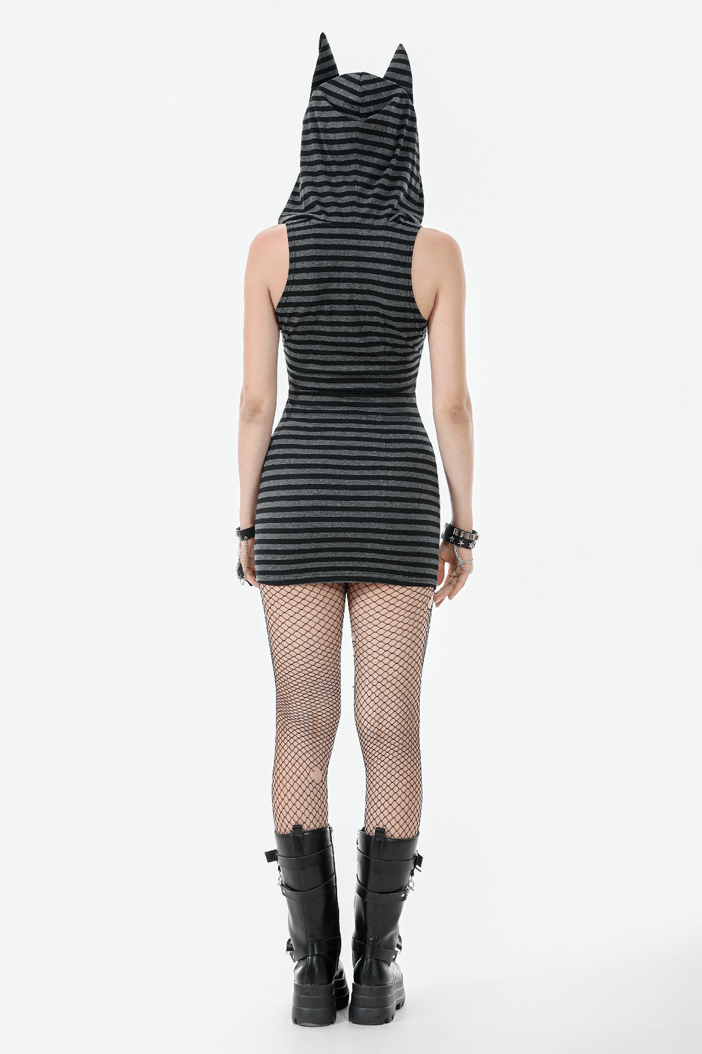 Striped Gothic Hooded Dress with Skull and Heart Detail
