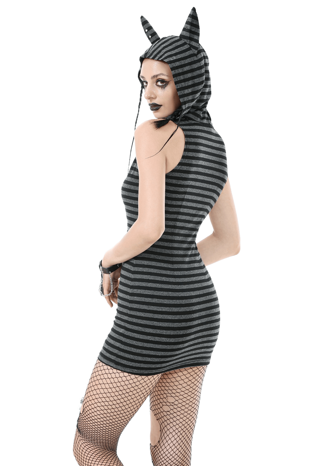 Striped Gothic Hooded Dress with Skull and Heart Detail