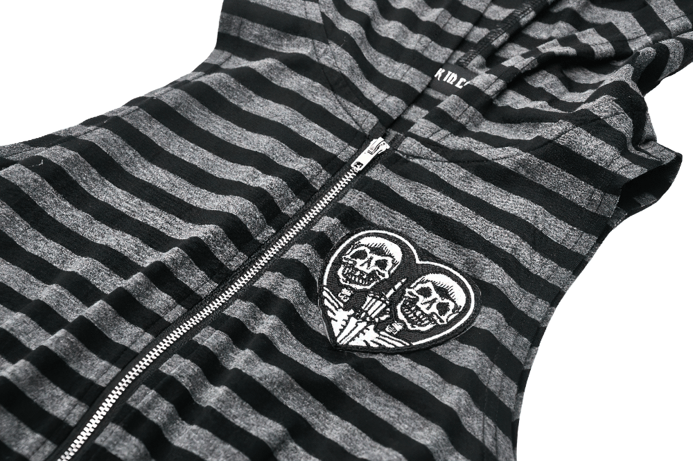 Striped Gothic Hooded Dress with Skull and Heart Detail