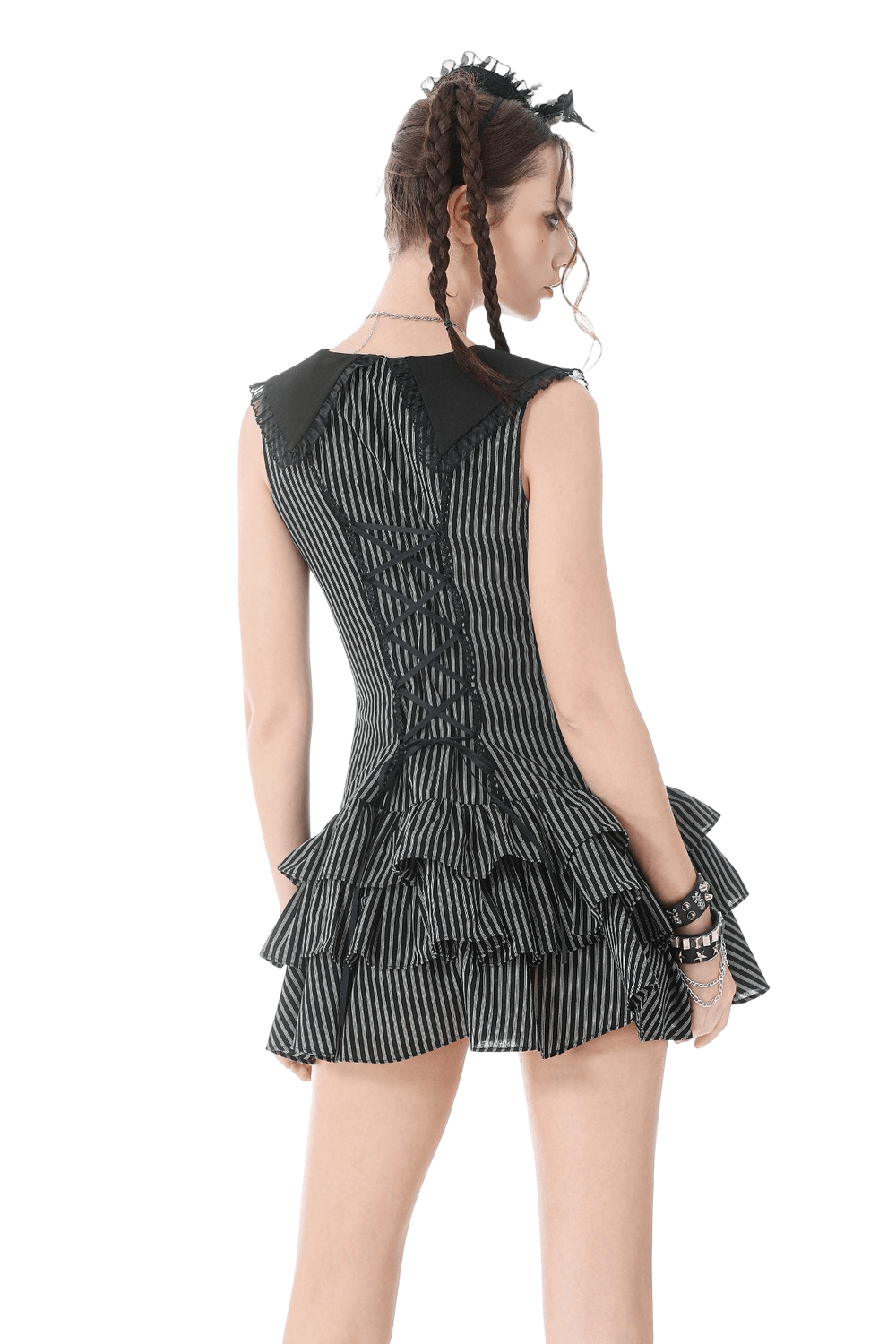 Striped Ruffle Dress with Bow and Lace-Up Back for Women