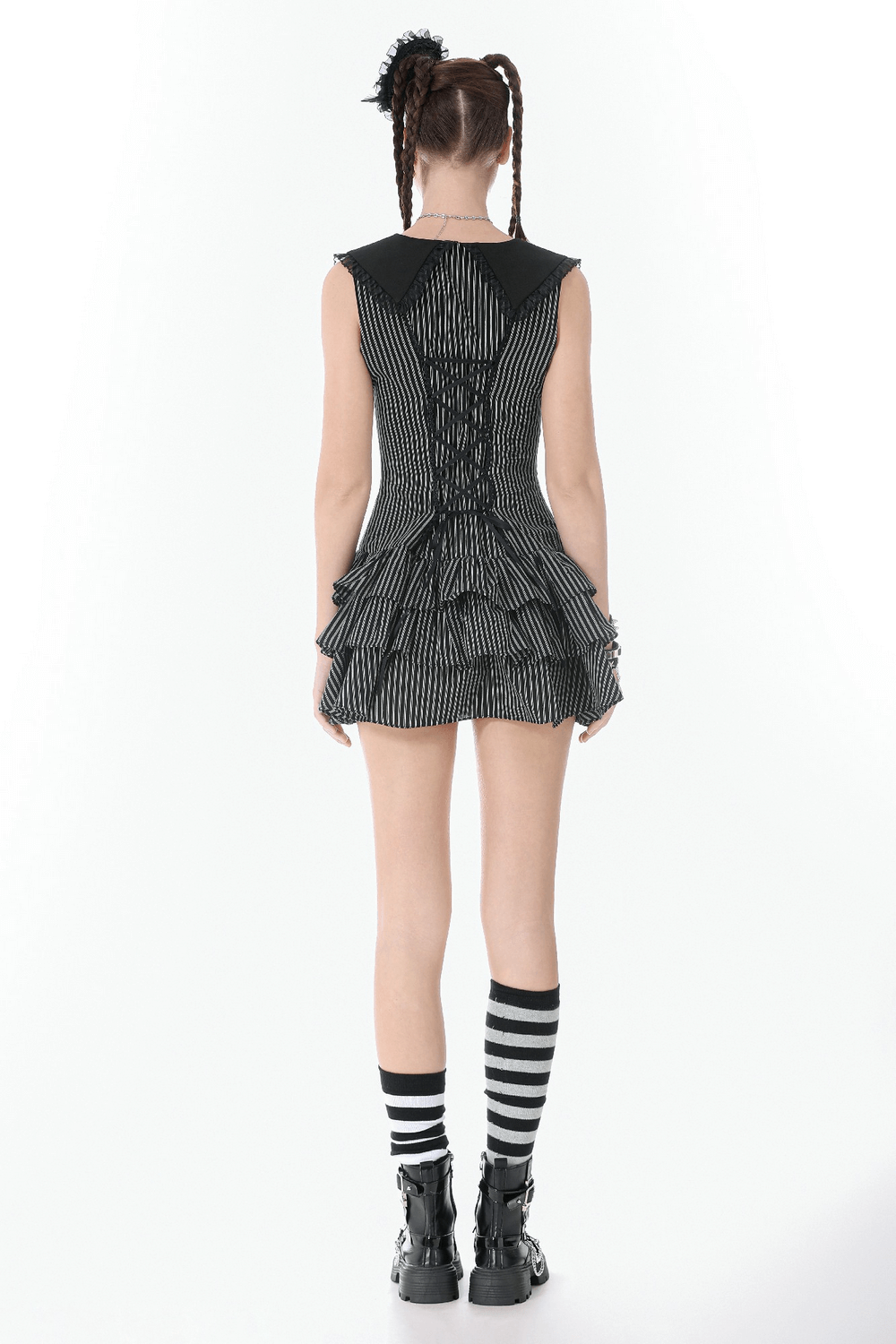 Striped Ruffle Dress with Bow and Lace-Up Back for Women