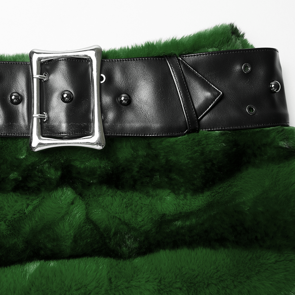 Stylish Black and Green Faux Fur Mini Skirt with Belt