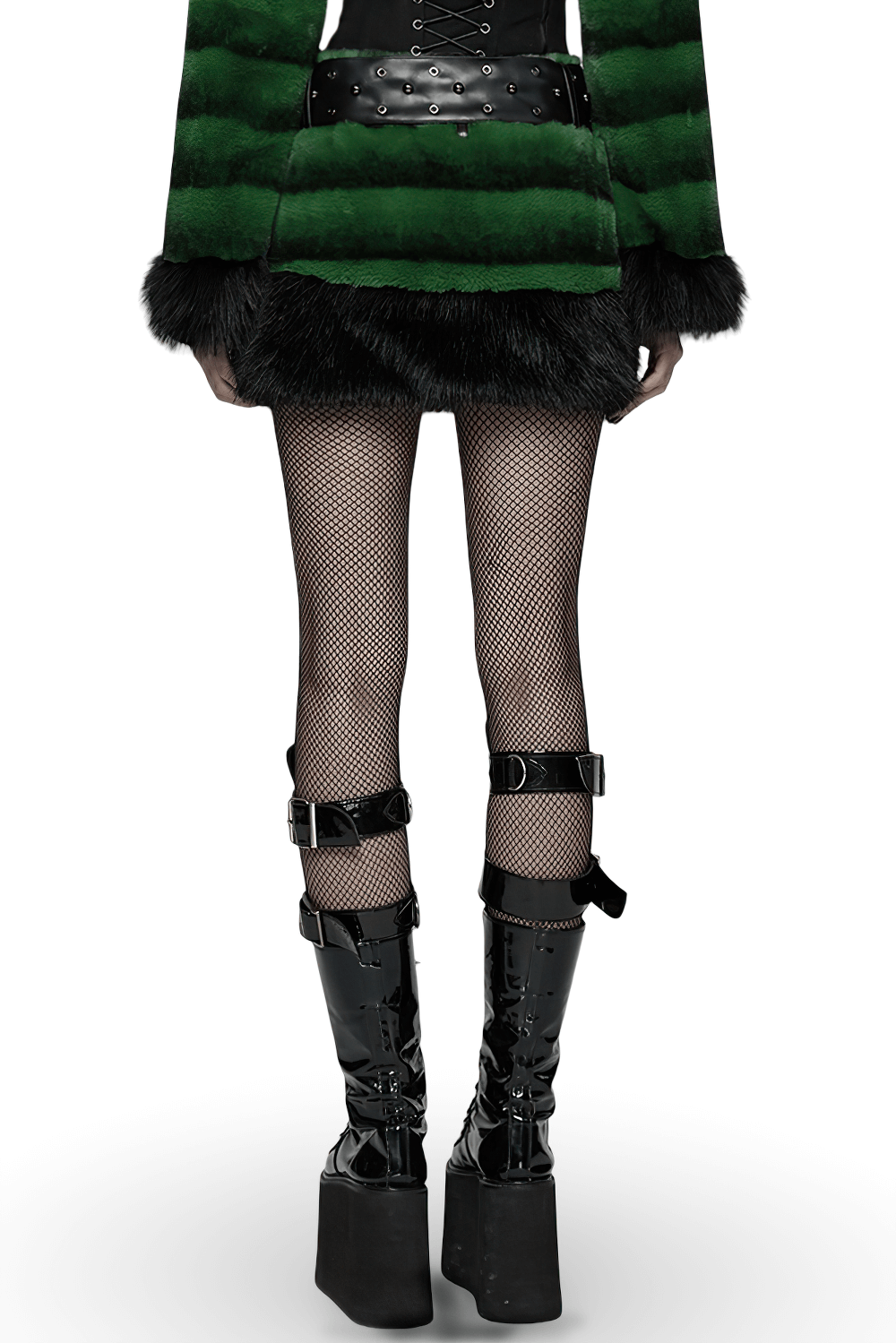 Stylish Black and Green Faux Fur Mini Skirt with Belt