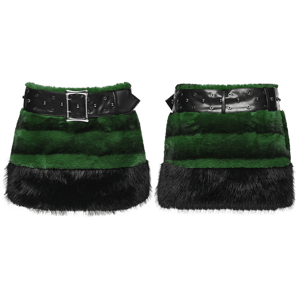 Stylish Black and Green Faux Fur Mini Skirt with Belt