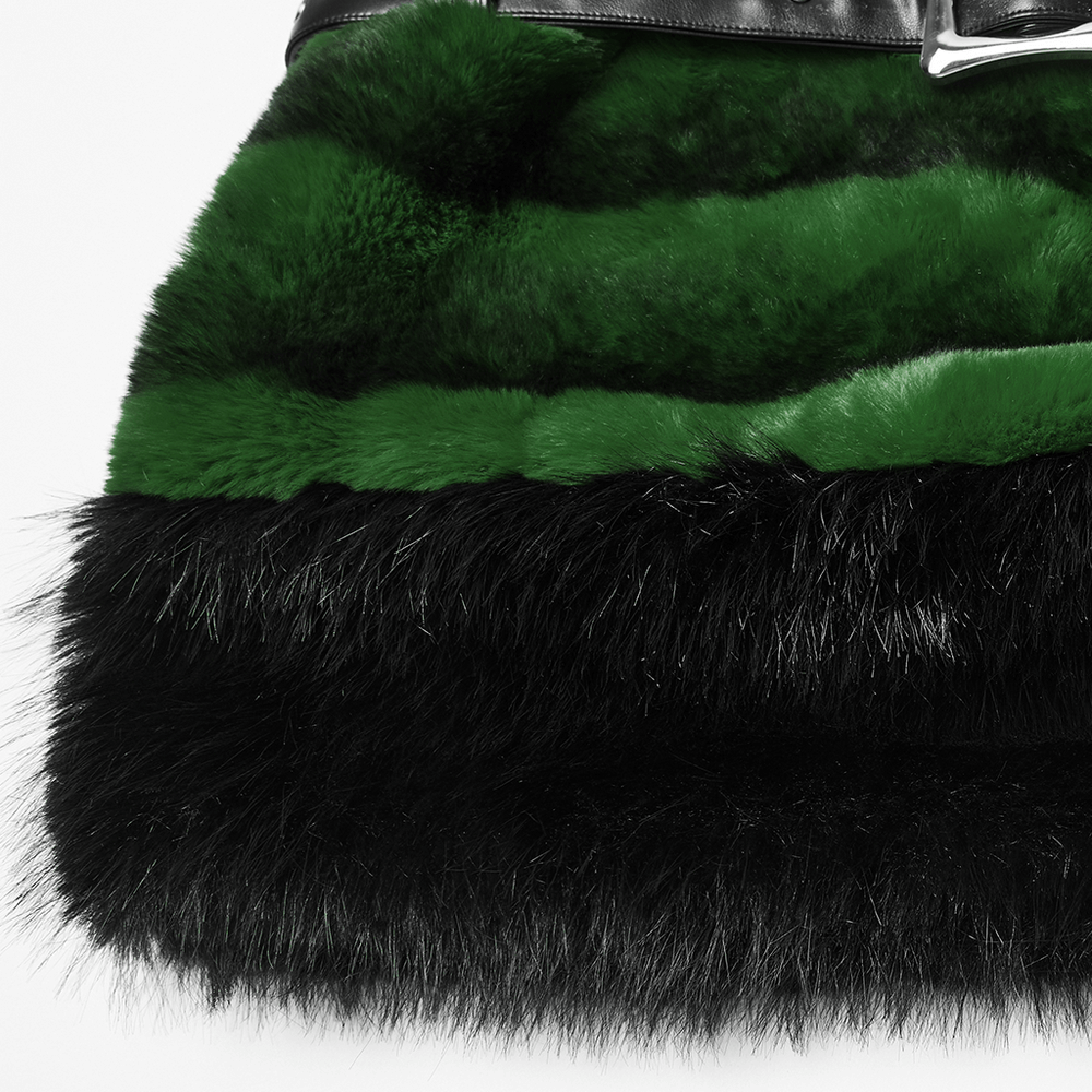 Stylish Black and Green Faux Fur Mini Skirt with Belt