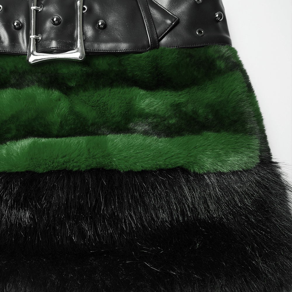 Stylish Black and Green Faux Fur Mini Skirt with Belt