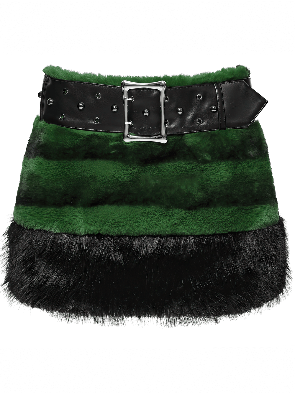 Stylish Black and Green Faux Fur Mini Skirt with Belt
