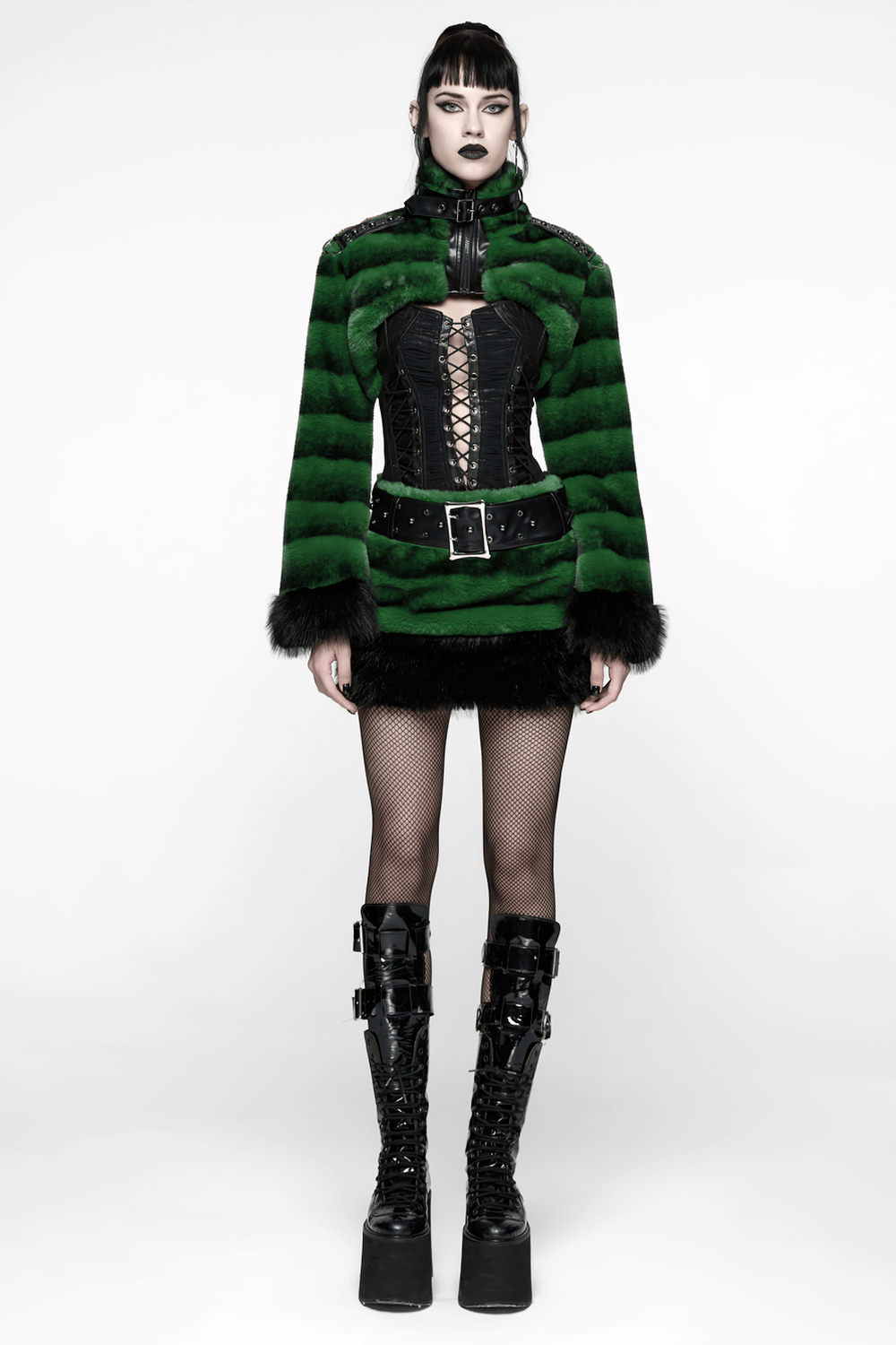 Stylish Black and Green Faux Fur Mini Skirt with Belt