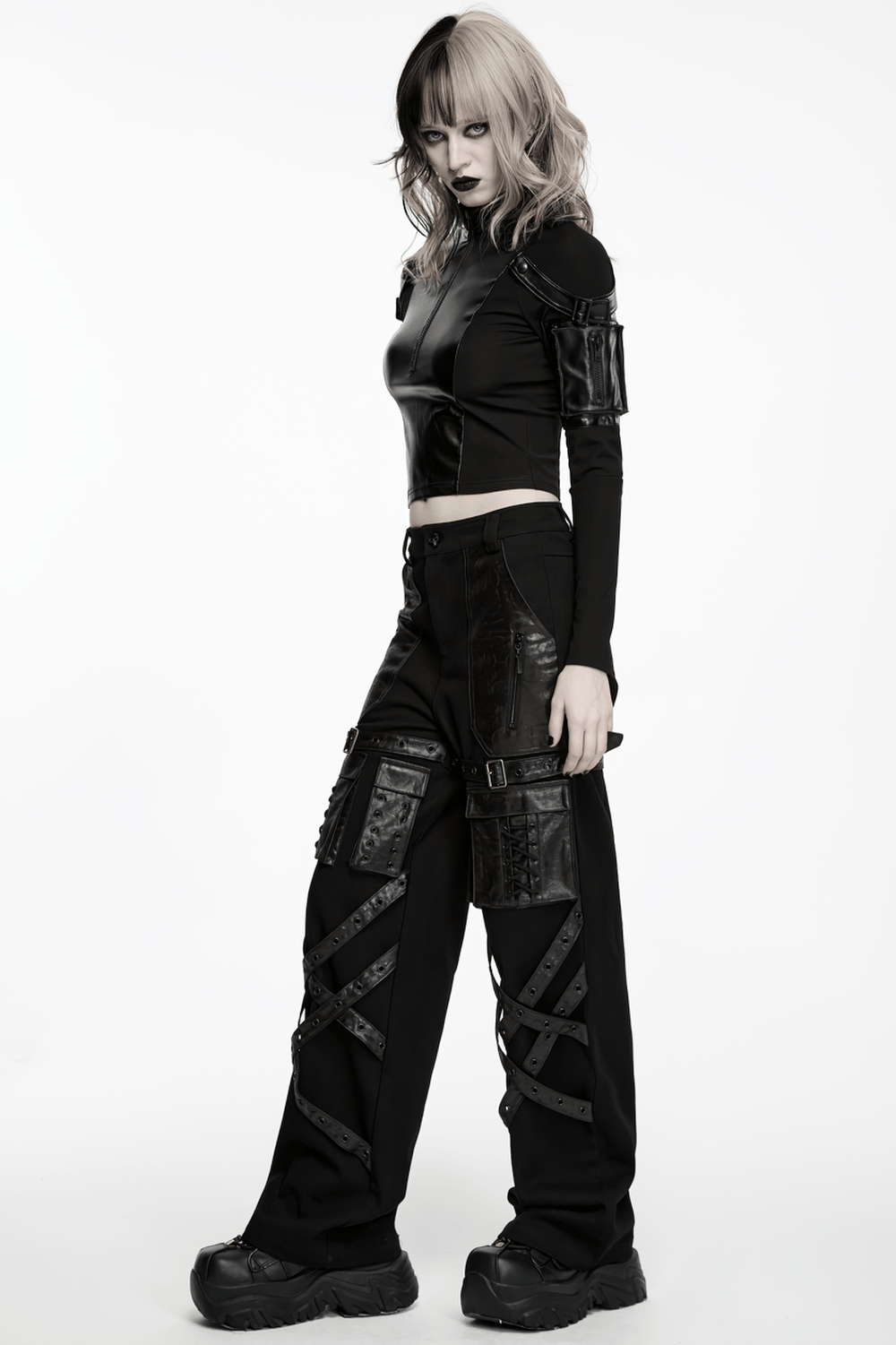 Stylish Black Cyberpunk Top with Utility Arm Pockets